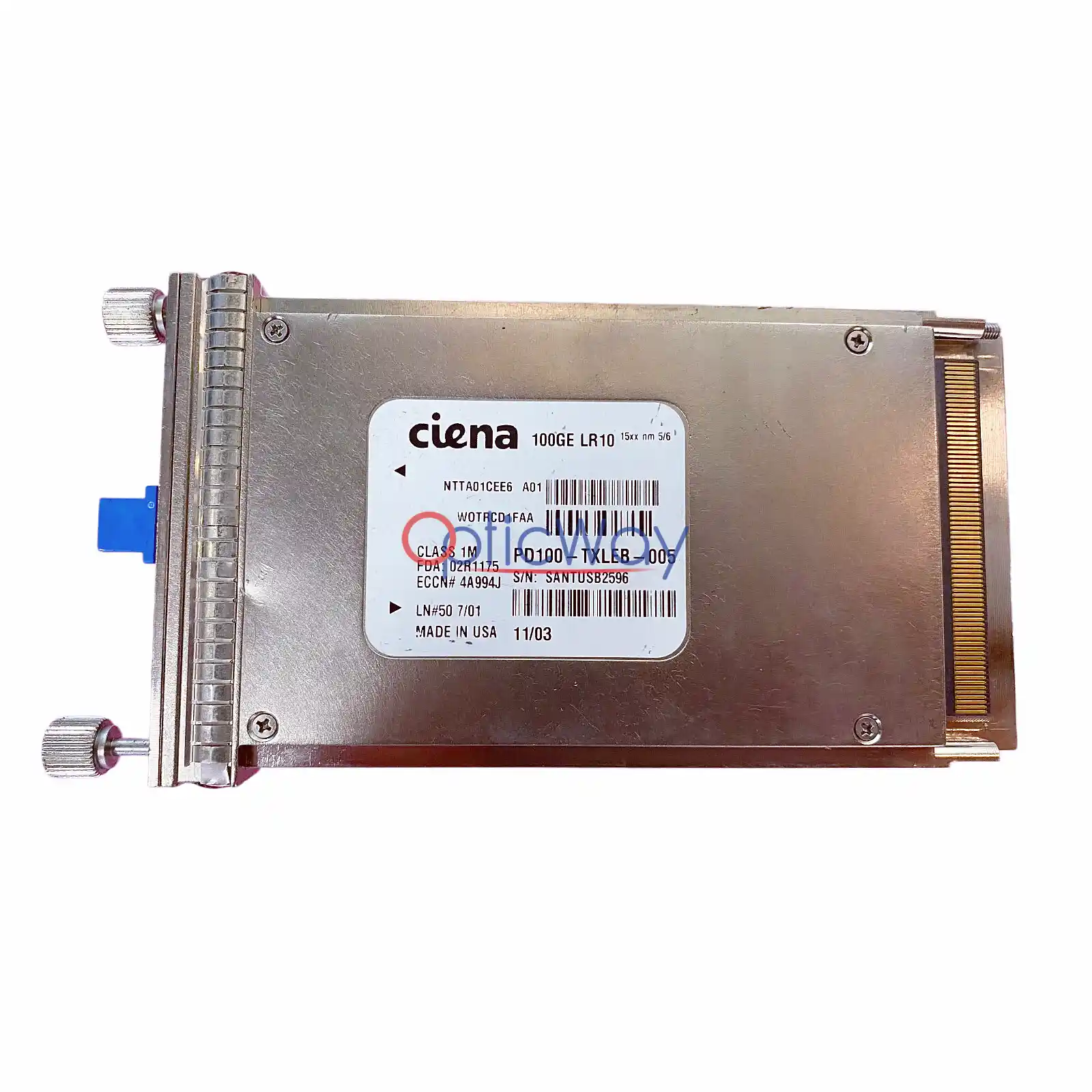 Genuine Ciena NTTA01CEE6 PD100-TXLEB-005 WOTRCD1FAA 100GBASE-LR10 CFP 10km SMF Front Label & Gold Finger Full View