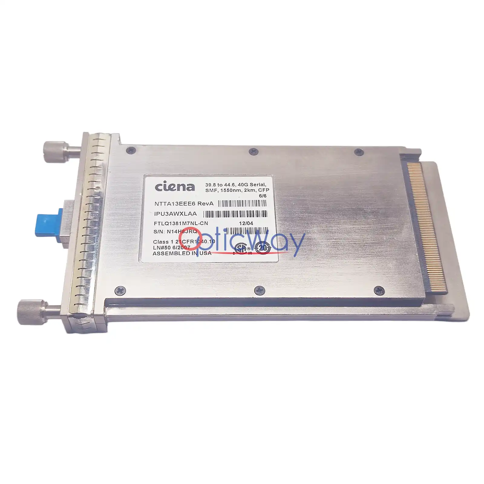 Genuine Ciena NTTA13EEE6 FTLQ1381M7NL-CN IPU3AWXLAA 40G Serial 1550nm 2km SMF CFP Front Label & Gold Finger Full View