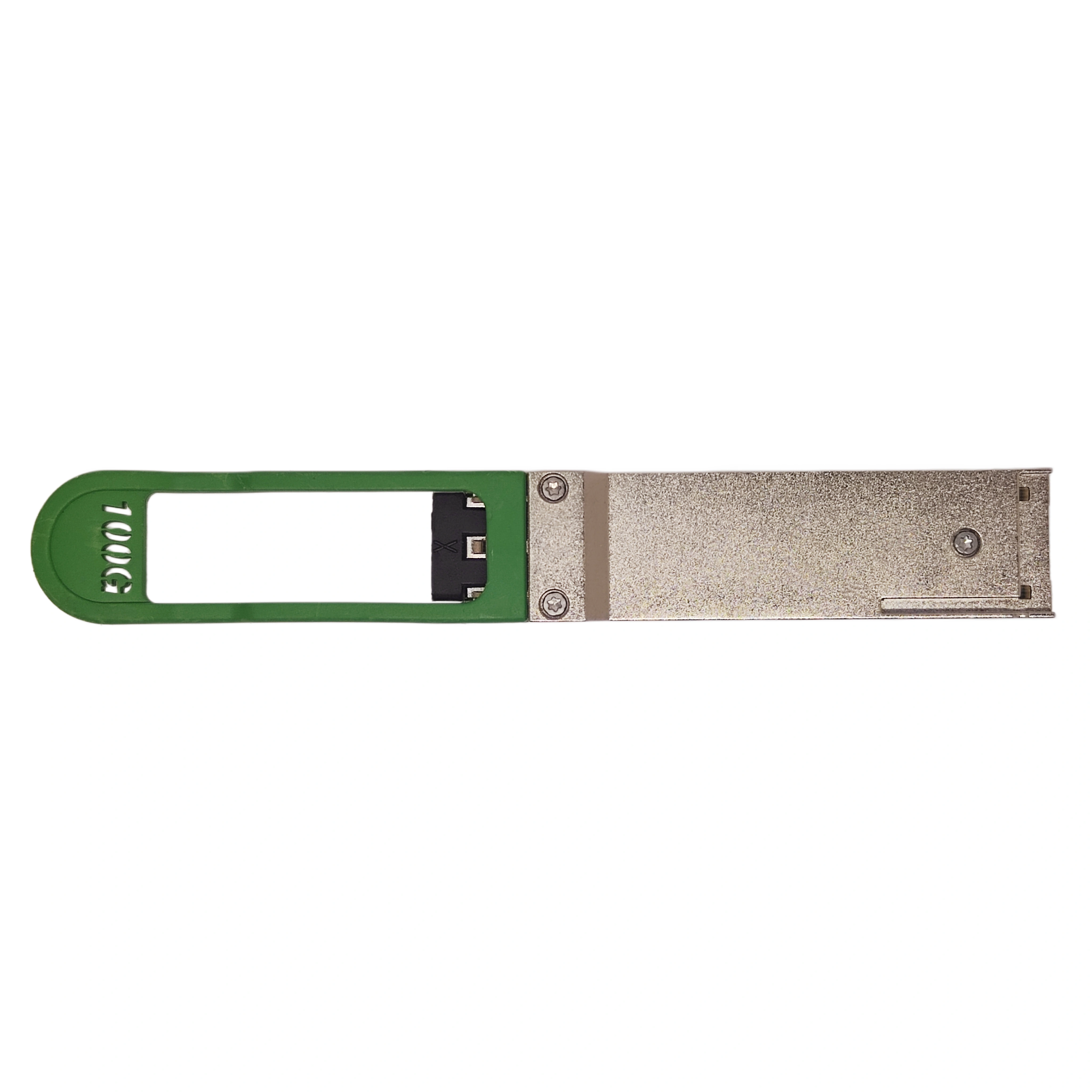 Finisar FTLC1157RGPL 100G QSFP28 Transceiver Rear View with Green Pull Tab