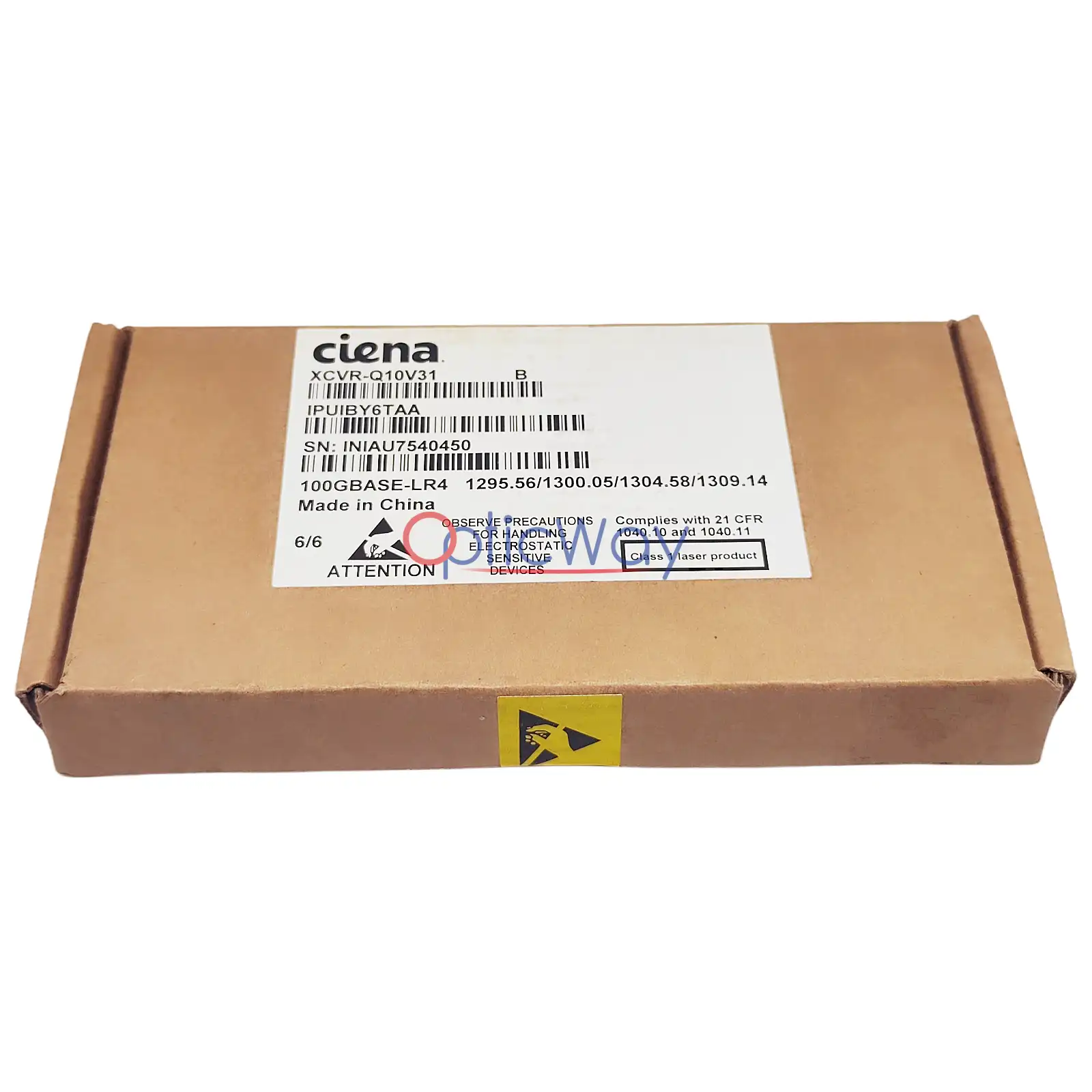 Ciena XCVR-Q10V31 QSFP28 Transceiver Original Packaging Box Front Label Close-Up View