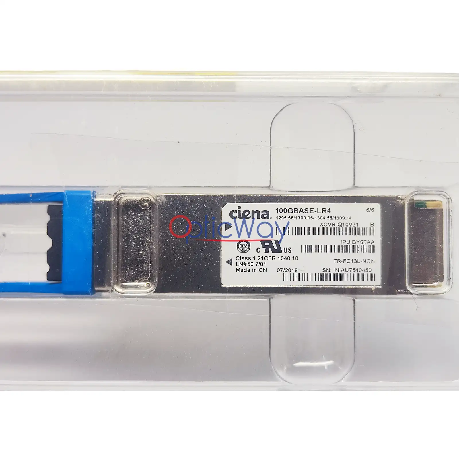 Ciena Original XCVR-Q10V31 QSFP28 Product Sticker Front Label Text Close-Up Detail View