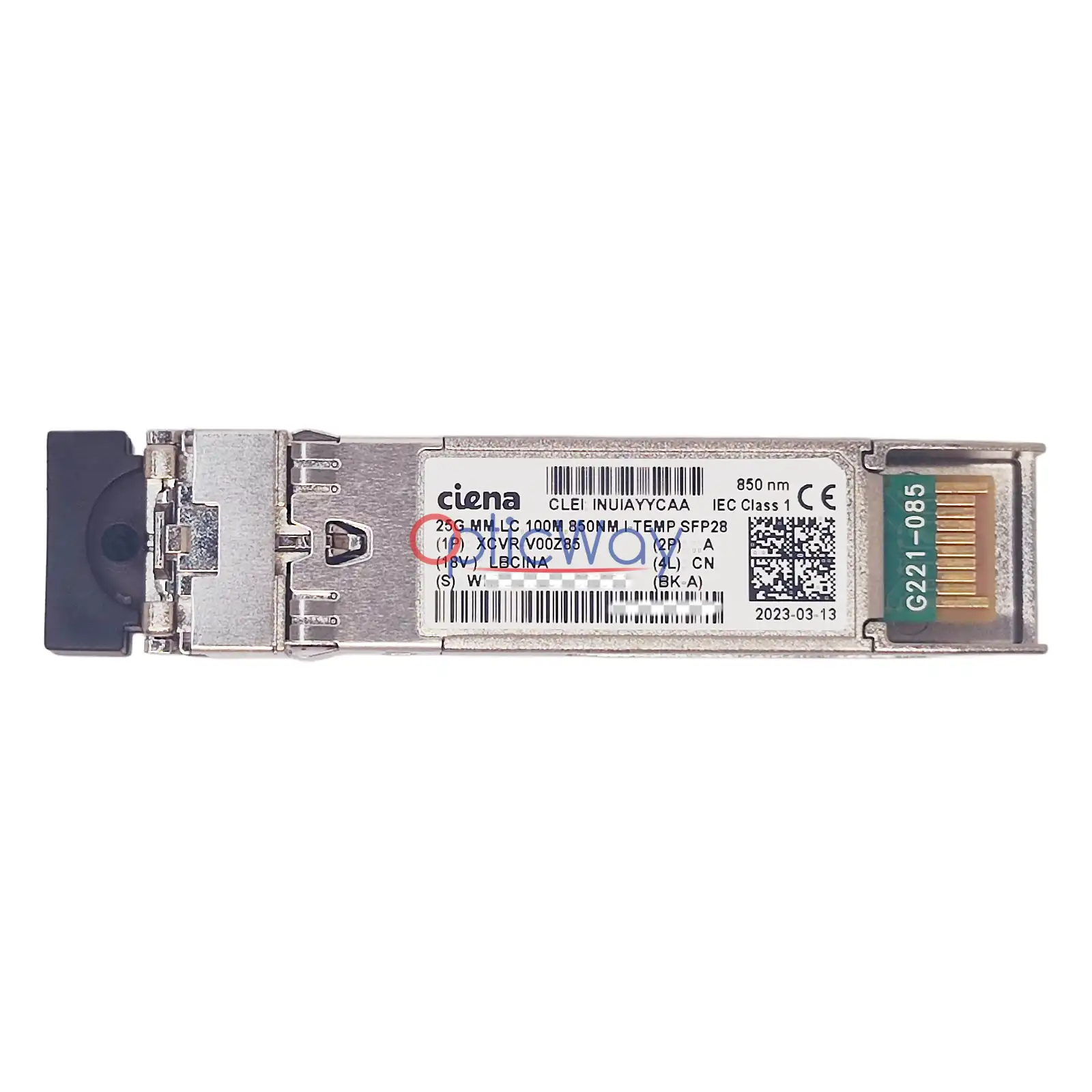 Genuine Ciena XCVR-V00Z85 INUIAYYCAA SFP28 25G 850nm 100m MMF I-TEMP Front Label & Gold Finger Full View