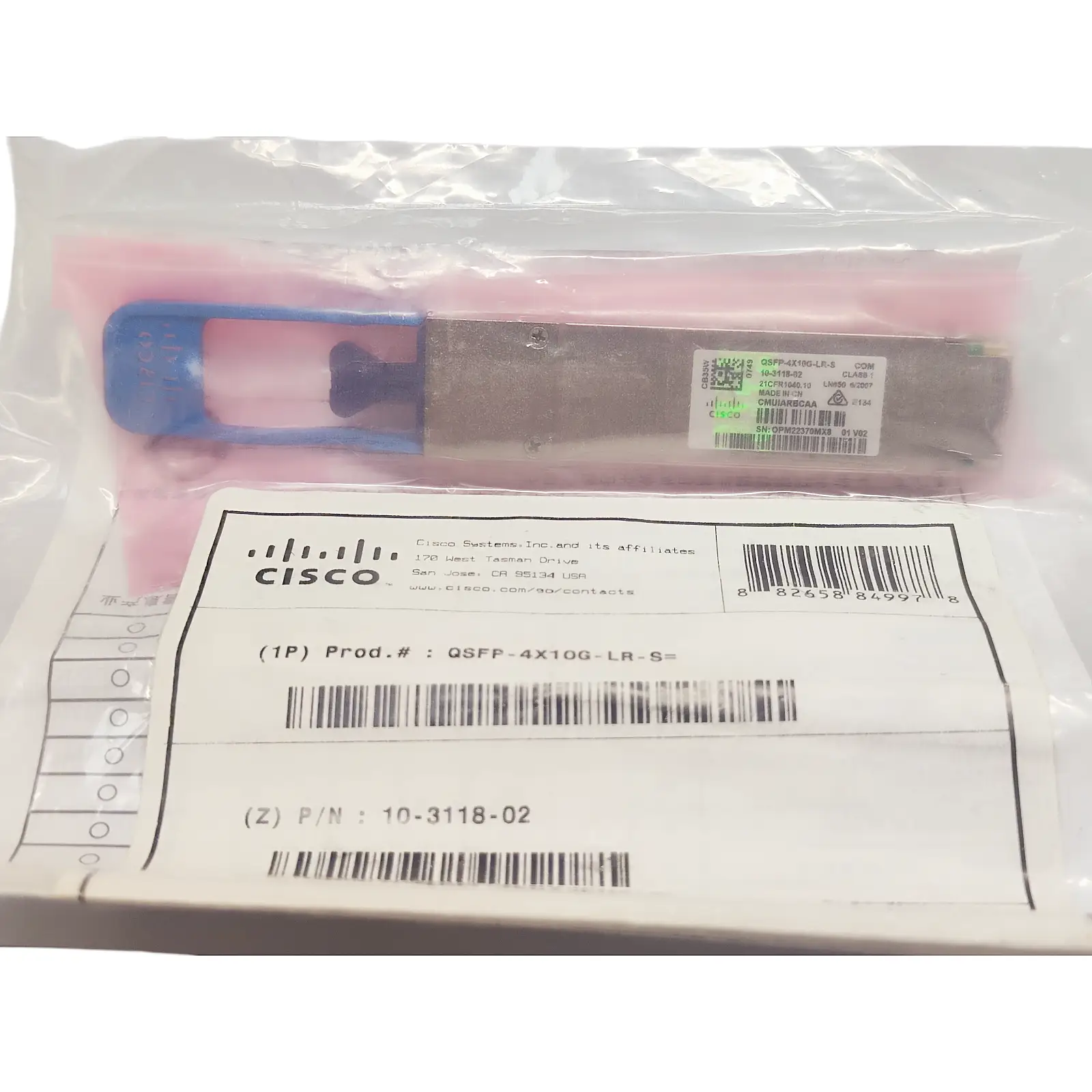 Original Cisco QSFP-4X10G-LR-S 40GBASE-PLR4 QSFP+ Transceiver in ESD Packaging with Label