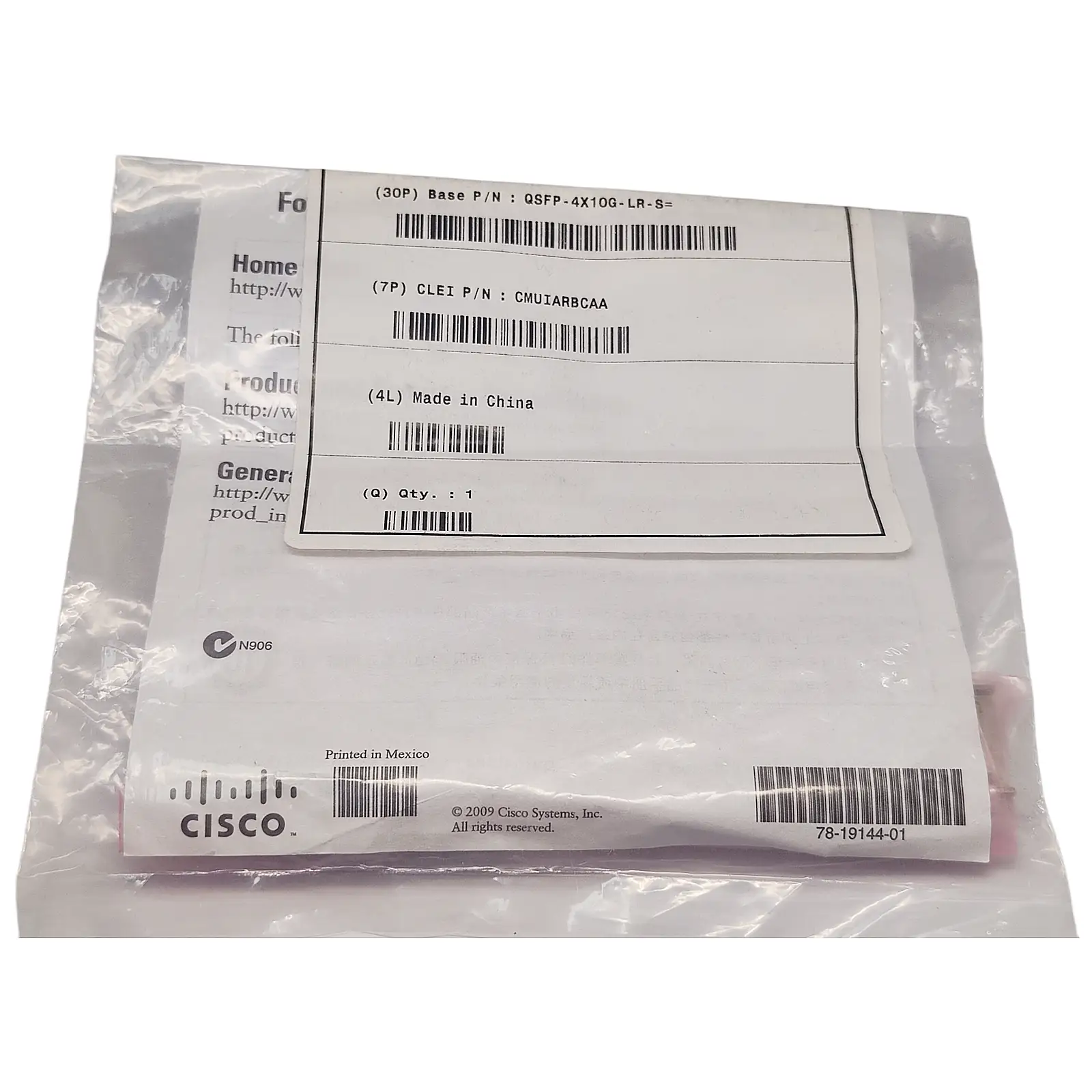 Cisco QSFP-4X10G-LR-S Transceiver Package Label and Documentation View