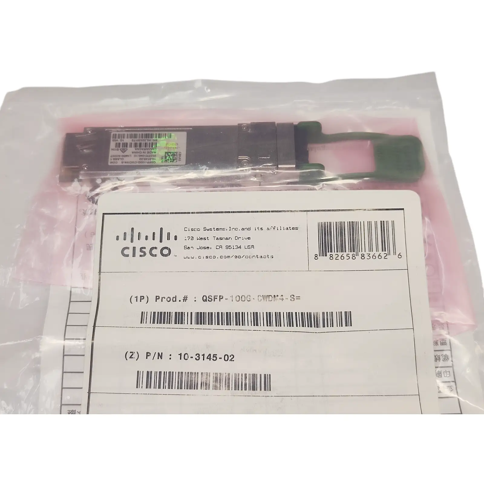 Cisco QSFP-100G-CWDM4-S Transceiver Package Label with P/N 10-3145-02