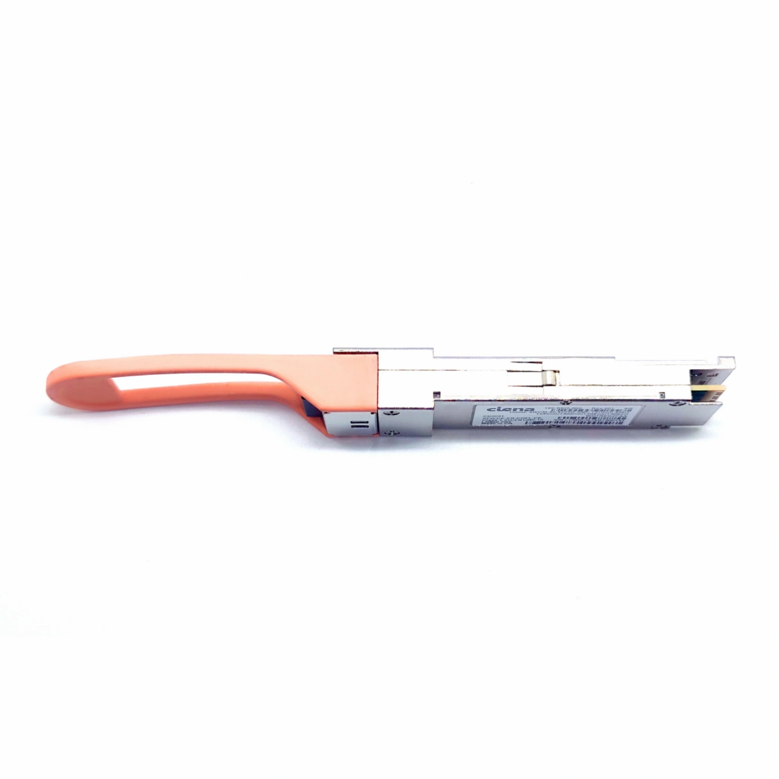 Ciena 160-9405-900 100GBase-ER4 QSFP28 Transceiver Side View with Orange Pull Tab