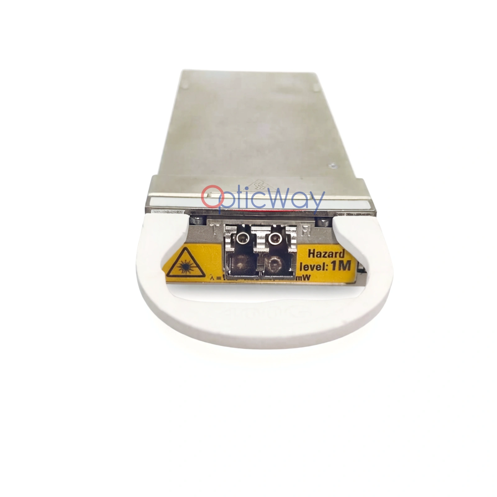 Ciena 180-2350-900 400G CFP2-DCO Transceiver Duplex LC Connector End Face Close-up with Laser Warning