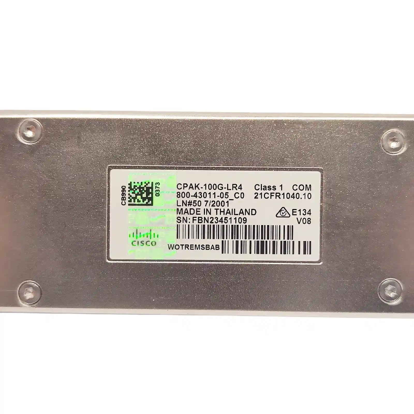 Cisco CPAK-100G-LR4 Transceiver Label and Green Hologram Close-up