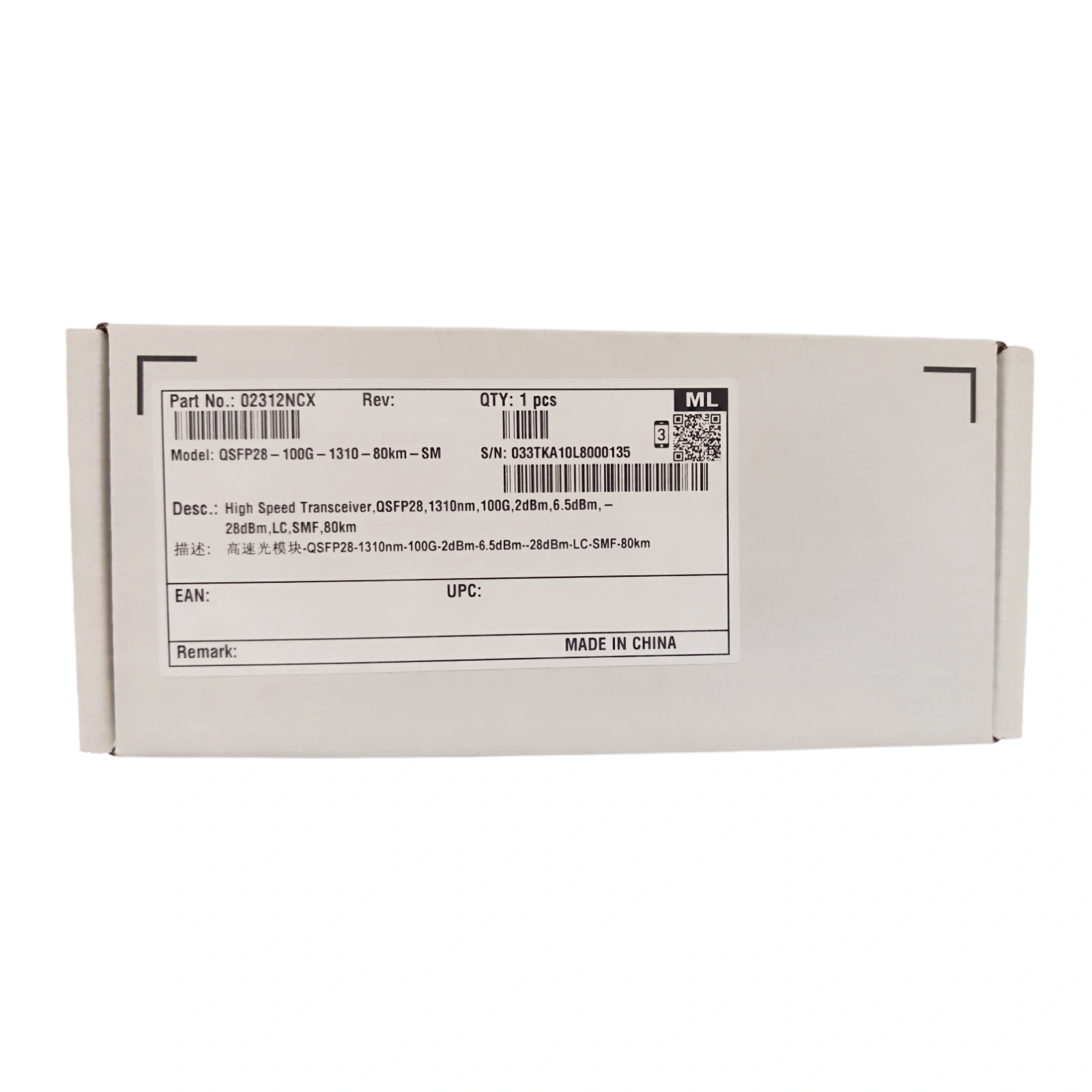 Huawei 02312NCX QSFP28-100G-1310-80km-SM 100G ZR LC SMF Transceiver Module Box Label