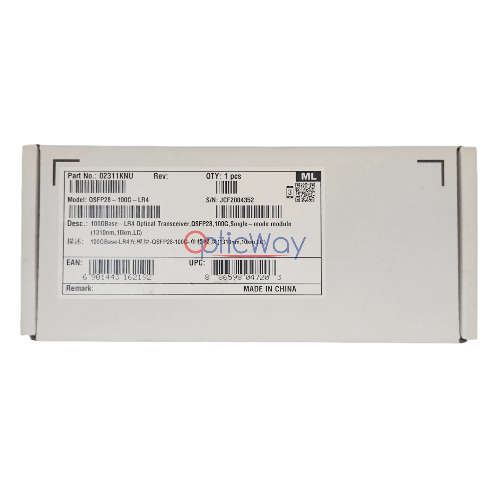 Huawei 02311KNU QSFP28-100G-LR4 100GBASE-LR4 Optical Transceiver Box Front View with Label