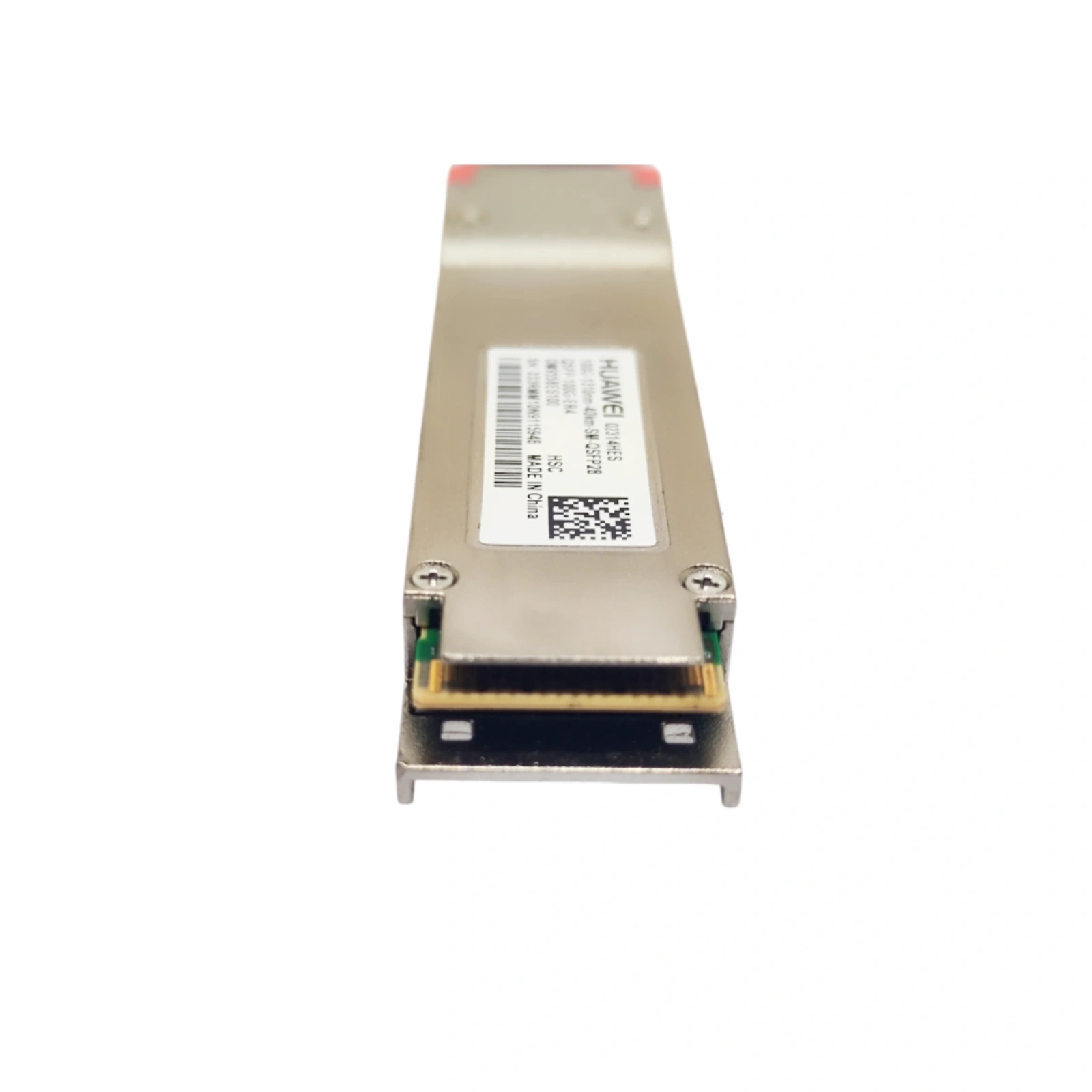 Huawei 02314HES QSFP28-100G-ER4 Transceiver Gold Finger End Face Close-up with Label