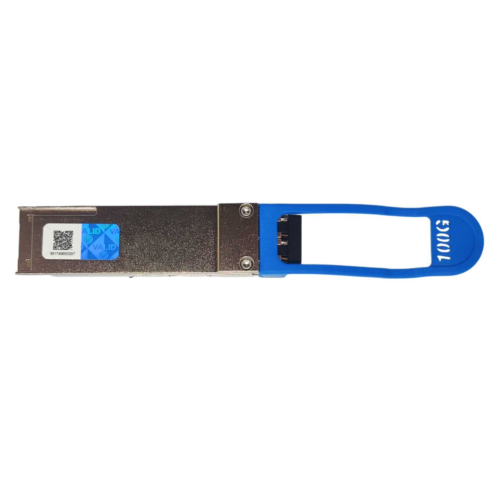 Intel E100GQSFP28LRX 100GBASE-LR4 QSFP28 SMF Transceiver Back View with Blue Pull Tab