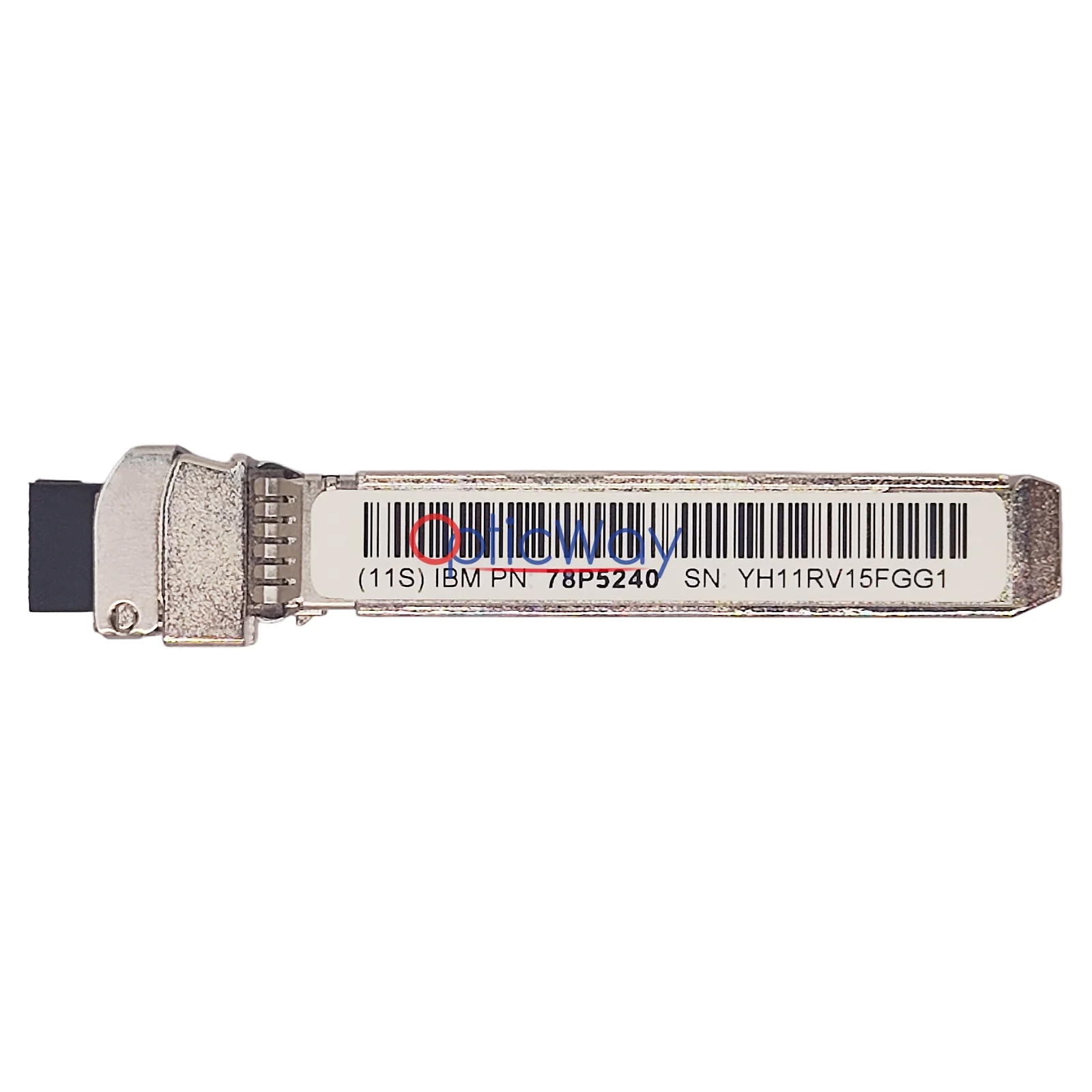 Finisar IBM 78P5240 32G SFP28 Transceiver Side View with IBM Part Number Barcode