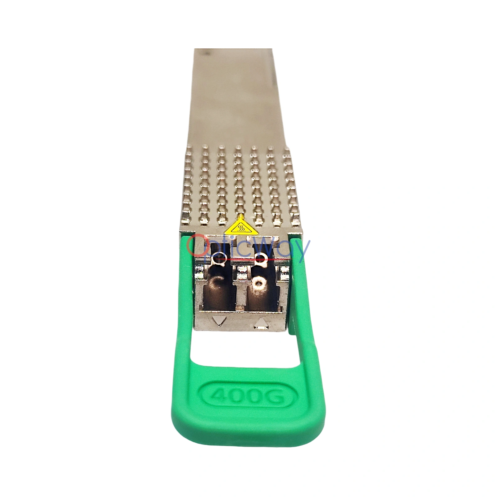 Source Photonics SPQ-4E-LR-CDFT 400GBASE-LR4 QSFP-DD Transceiver Duplex LC Connector Close-up with Green Pull Tab