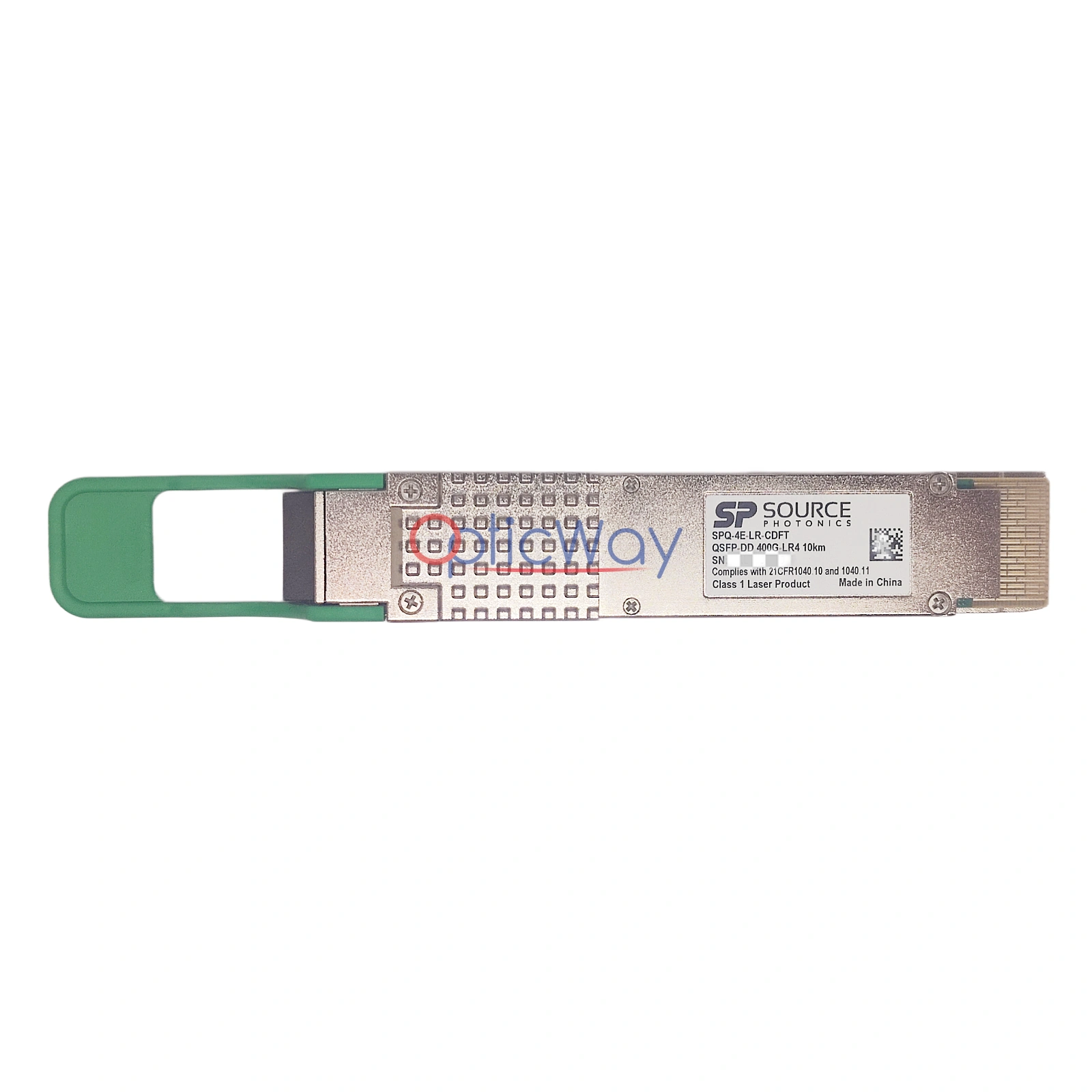 Source Photonics SPQ-4E-LR-CDFT 400G-LR4 QSFP-DD Transceiver with Full Label and Green Pull Tab