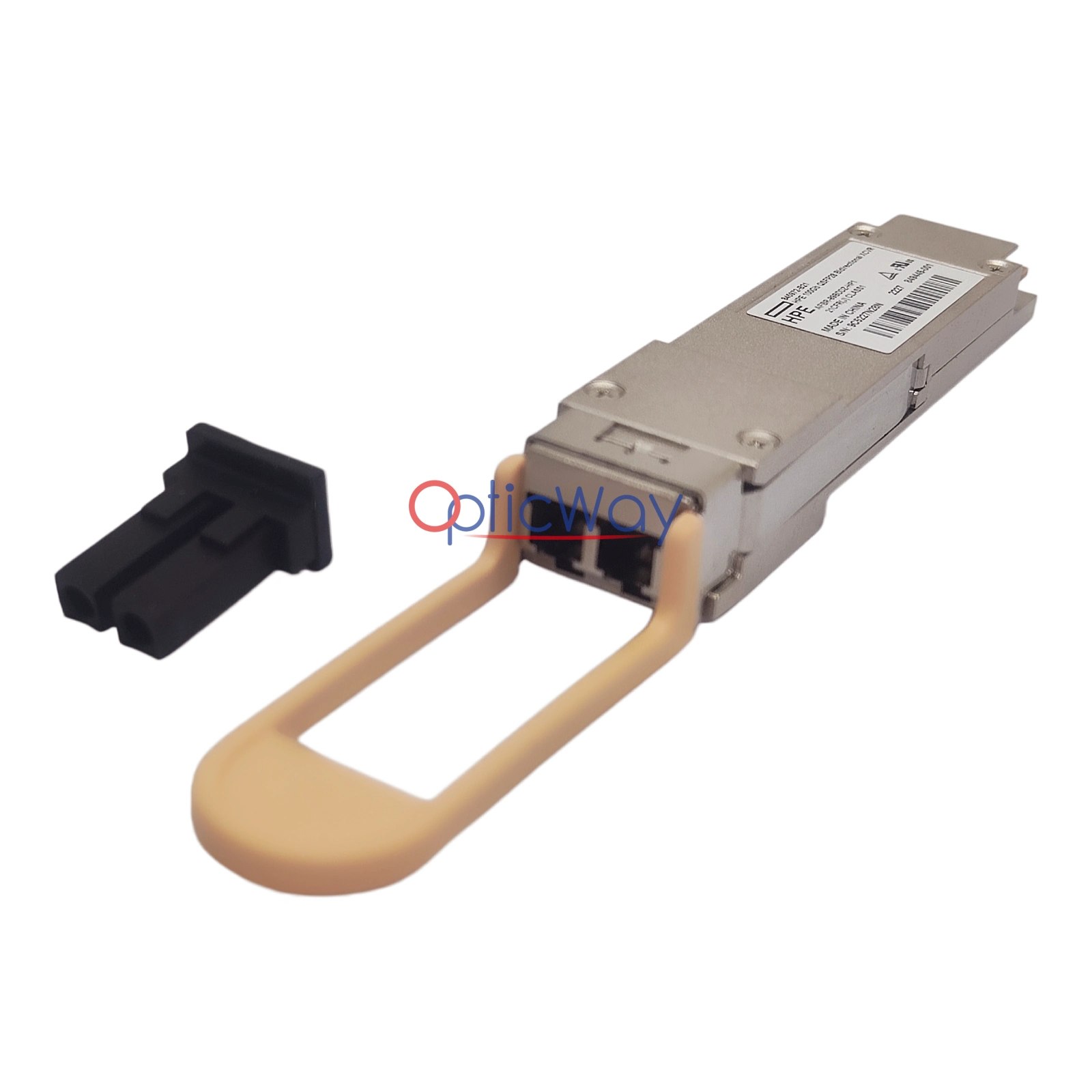 HPE 845972-B21 100Gb QSFP28 BIDI Transceiver Duplex LC Connector Close-up with Dust Cap