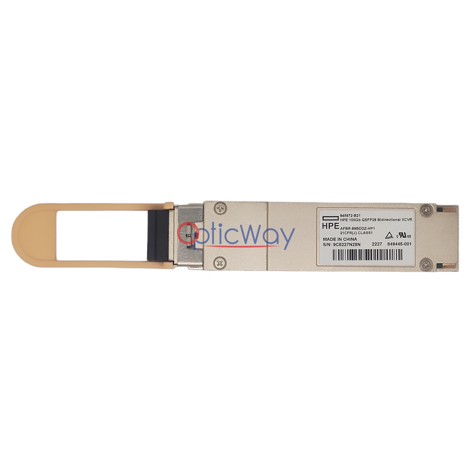 HPE 845972-B21 100Gb QSFP28 BIDI Transceiver with Full Label and Orange Pull Tab