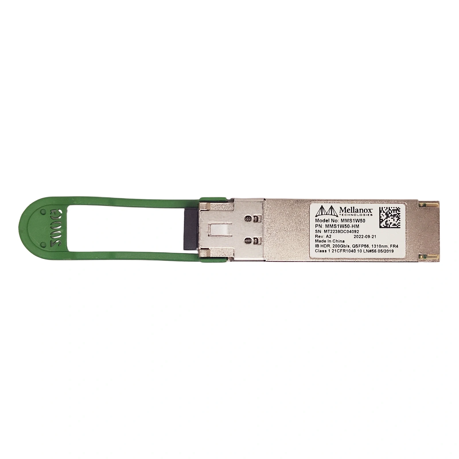 Mellanox MMS1W50-HM 200G-FR4 QSFP56 IB HDR Transceiver with Full Label and Green Pull Tab