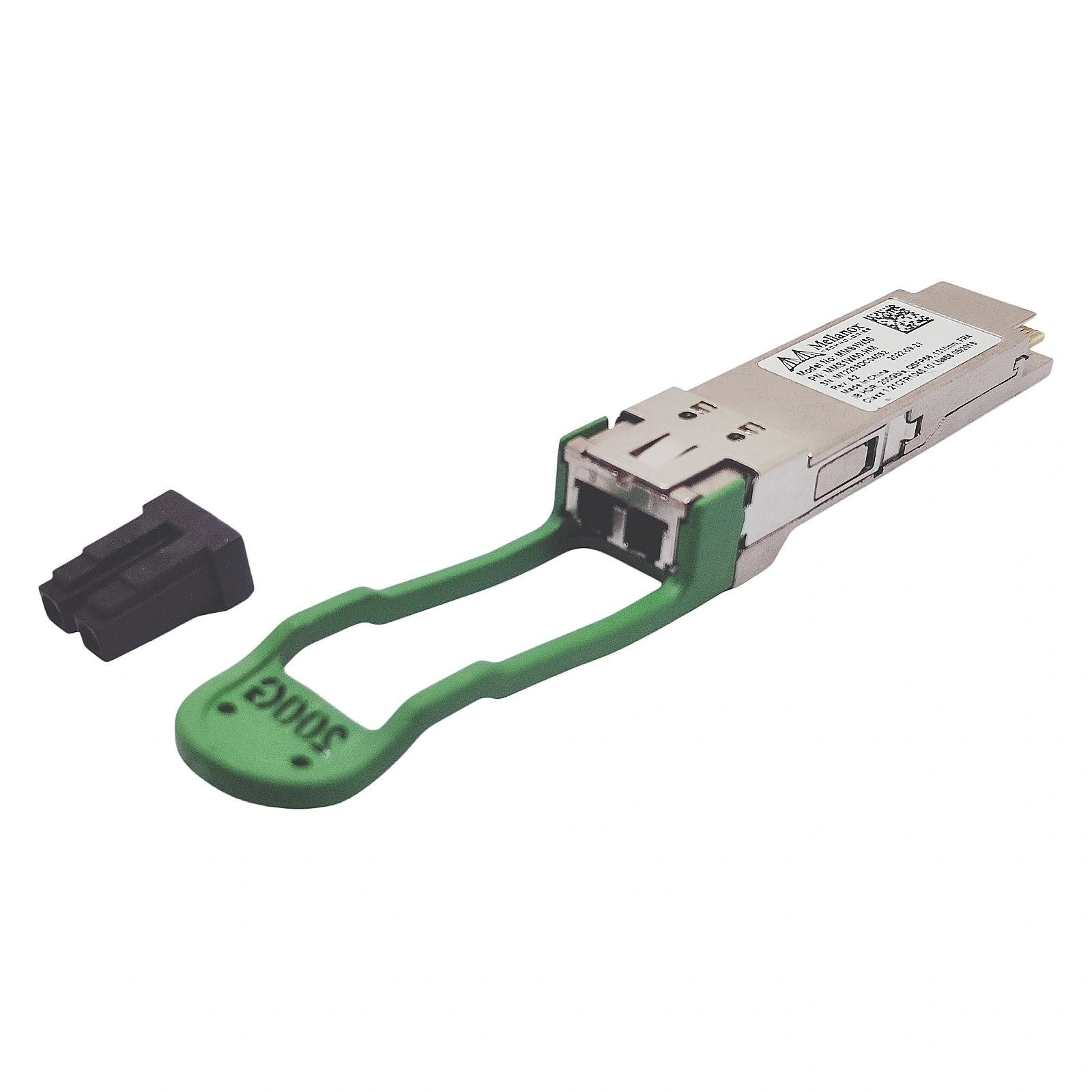 Mellanox MMS1W50-HM 200G-FR4 QSFP56 Transceiver Duplex LC Connector Close-up with Dust Cap