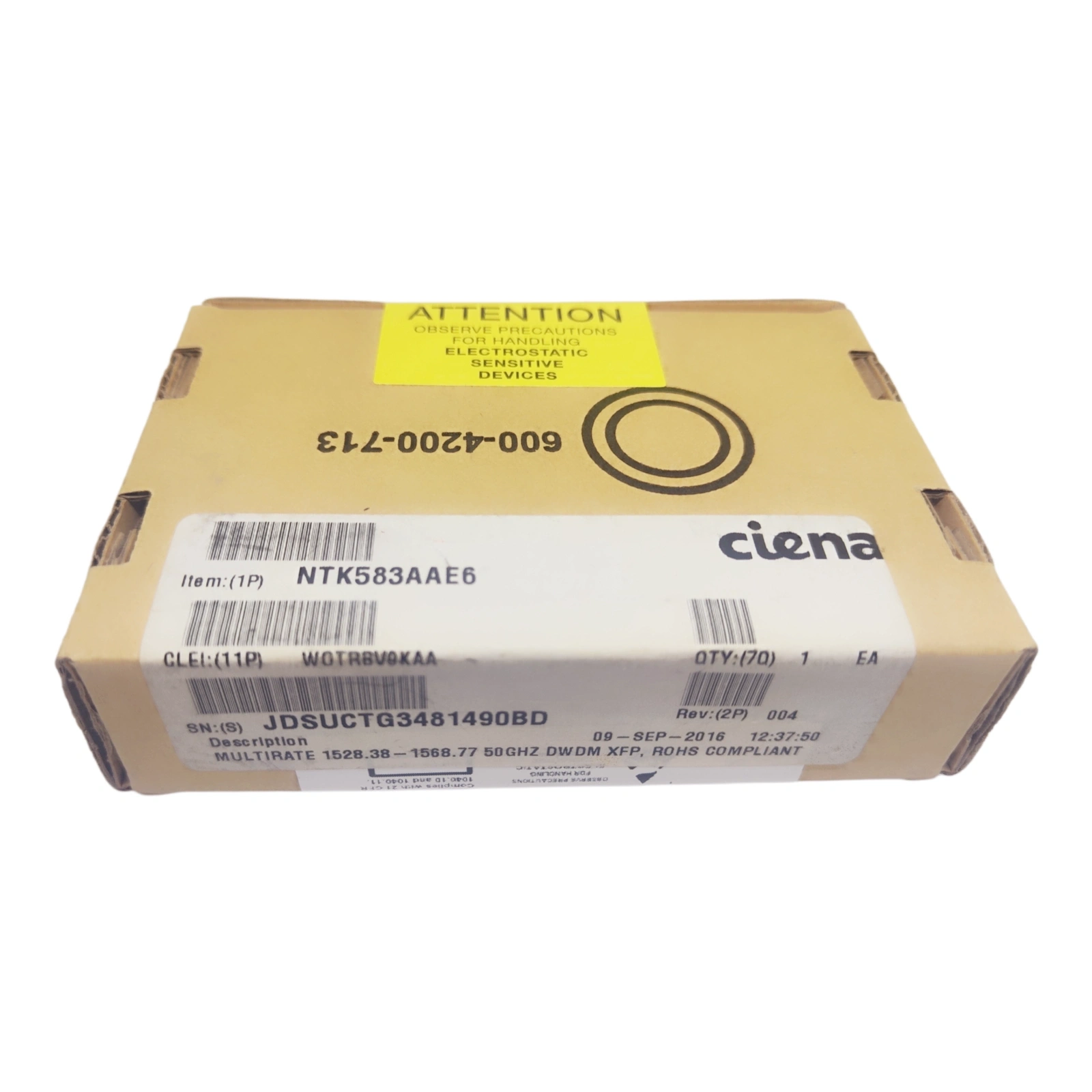 Ciena NTK583AAE6 DWDM XFP Transceiver Packaging Top View with ESD Warning