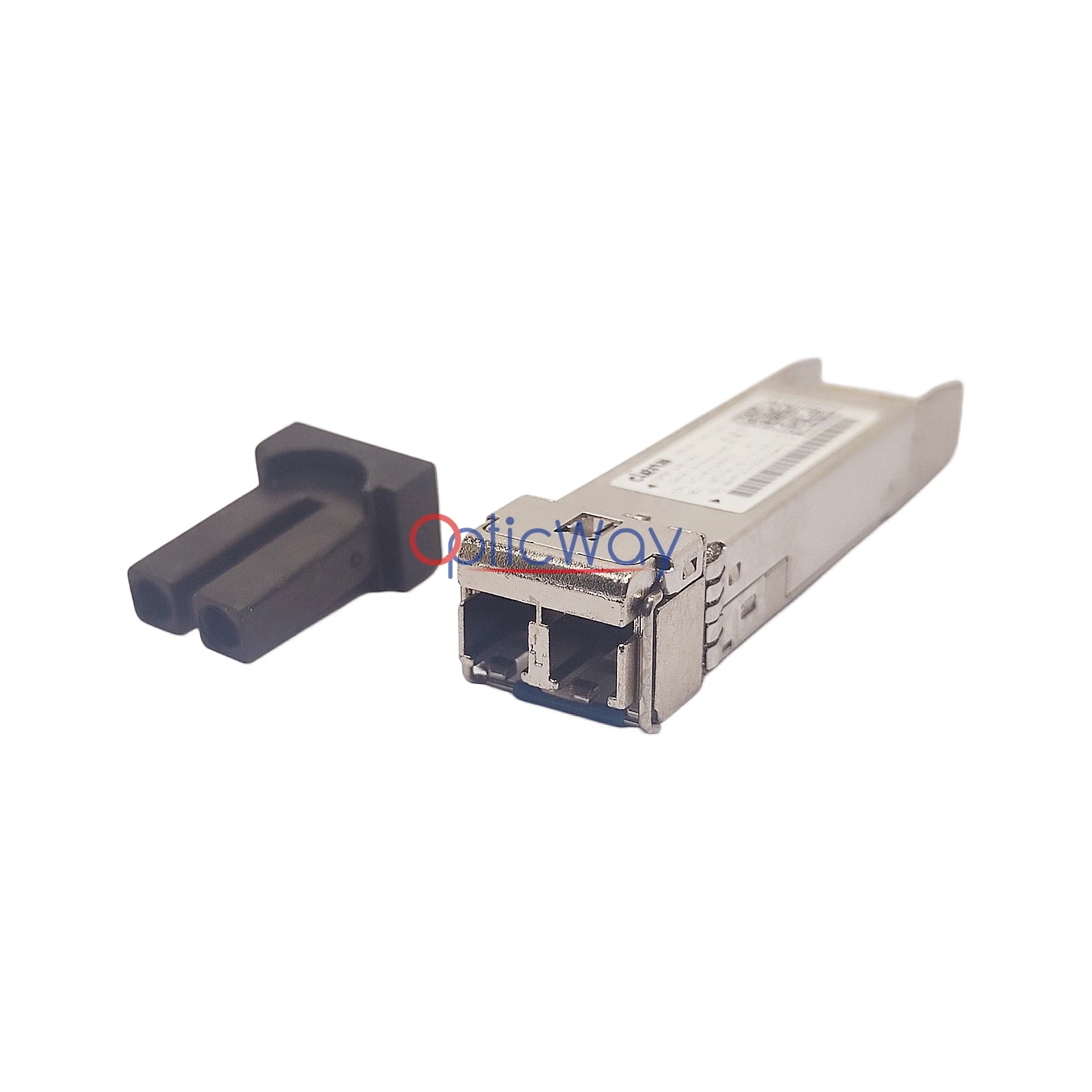 Ciena XCVR-CPRI02 CPRI 3-8 SFP+ Transceiver Duplex LC Connector Close-up with Dust Cap