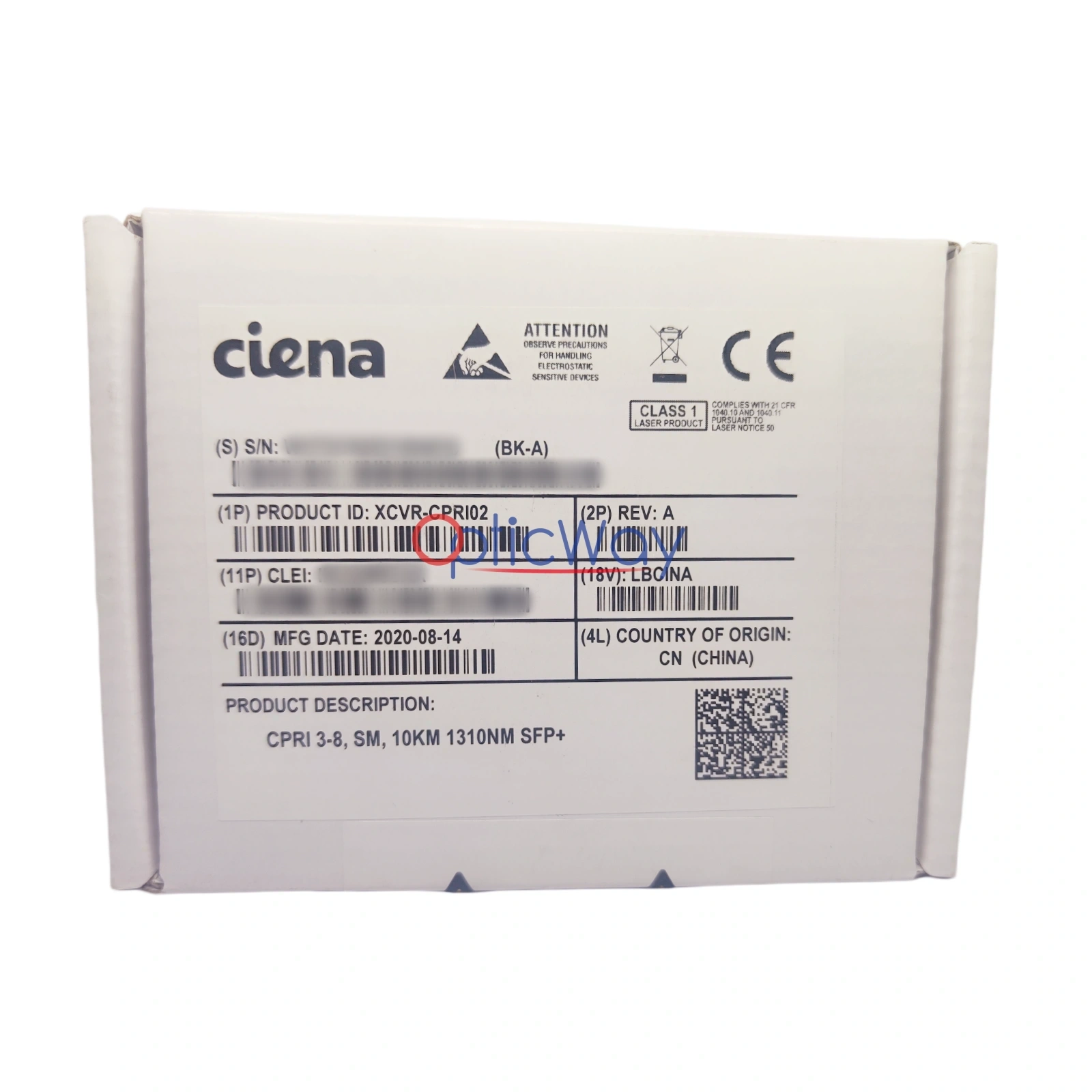 Ciena XCVR-CPRI02 CPRI 3-8 SFP+ Transceiver Packaging with Full Label
