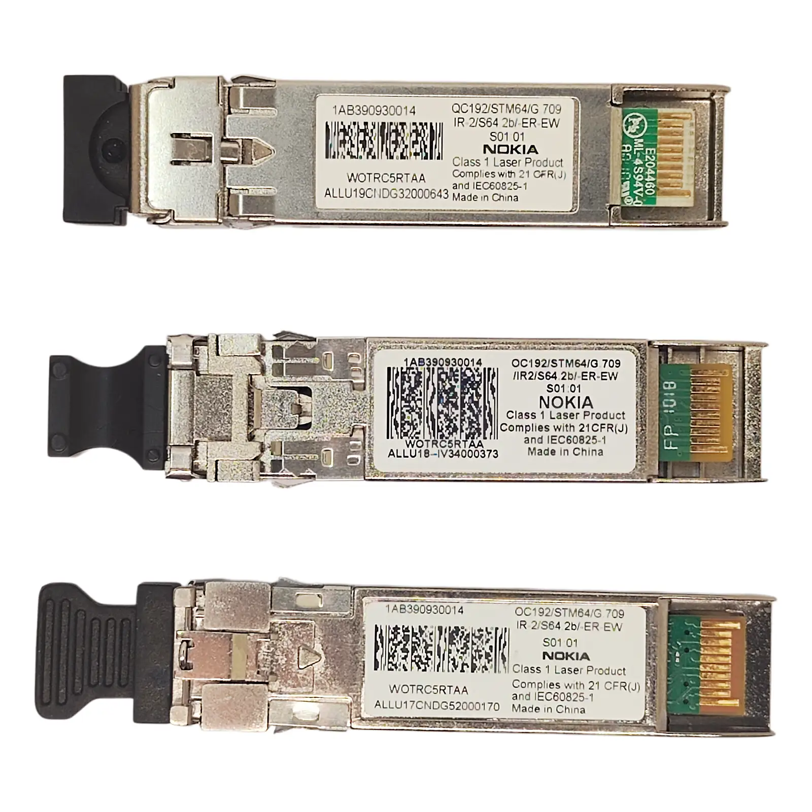 Nokia 1AB390930014 SFP+ Transceiver Units Side-by-Side Front View with Labels