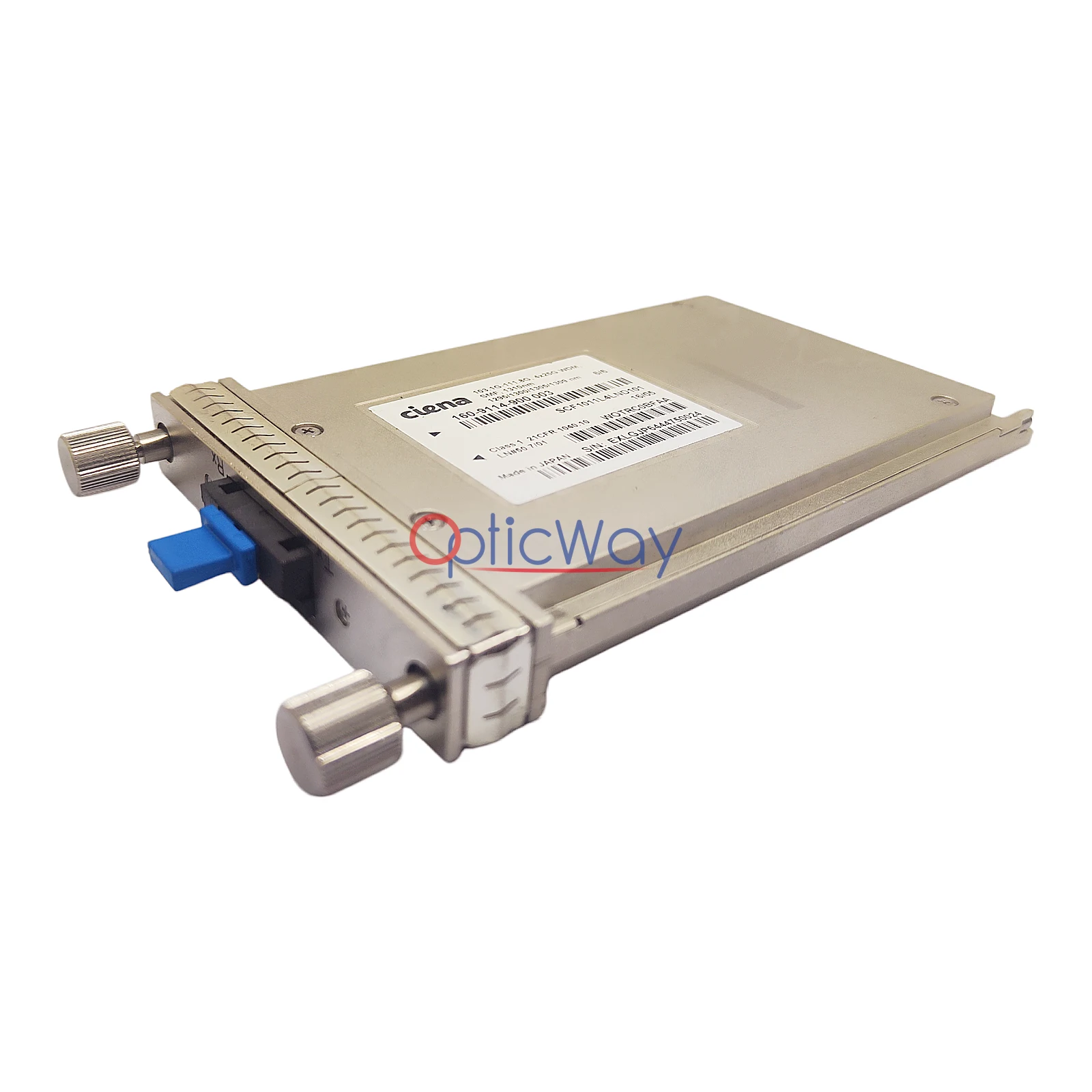 Ciena 160-9114-900 100G 10km CFP Transceiver Side-Front View with Blue Dust Cap