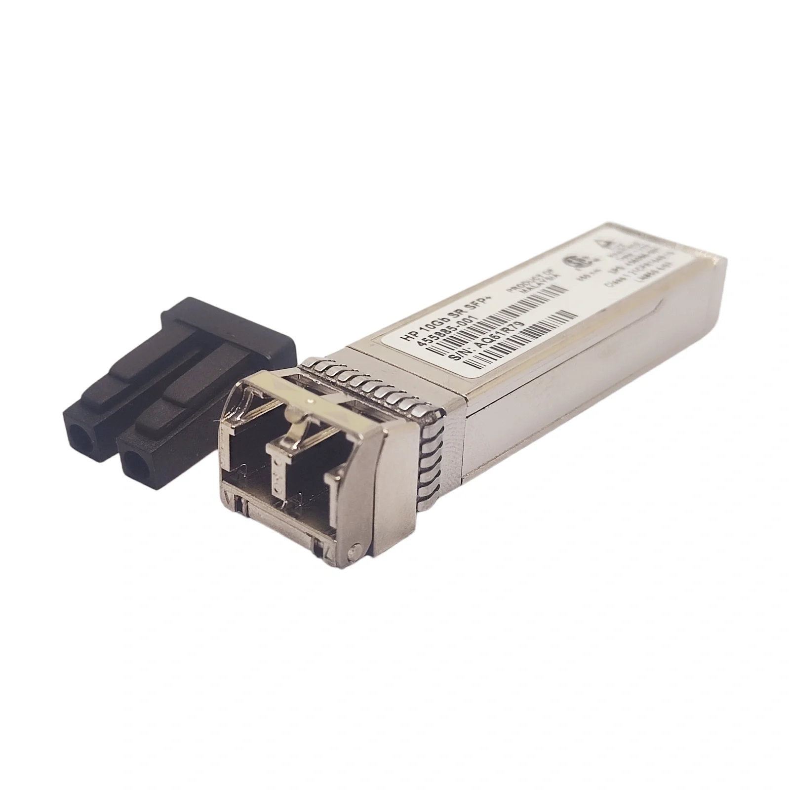 HP 455885-001 10GBASE-SR SFP+ Transceiver Duplex LC Connector Close-up with Dust Cap