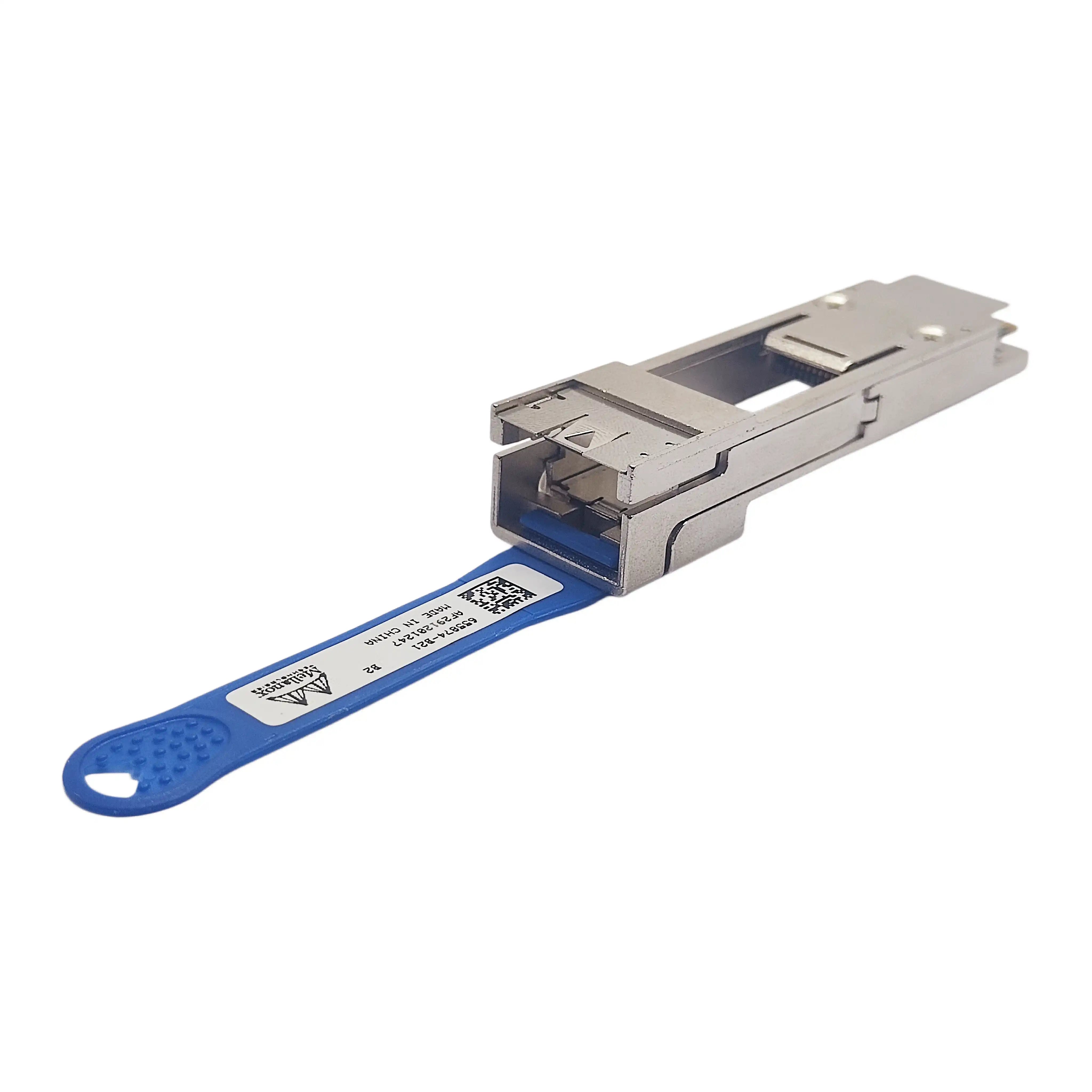 Mellanox 655874-B21 QSFP+ to SFP+ Adapter Interface Close-up with Blue Pull Tab