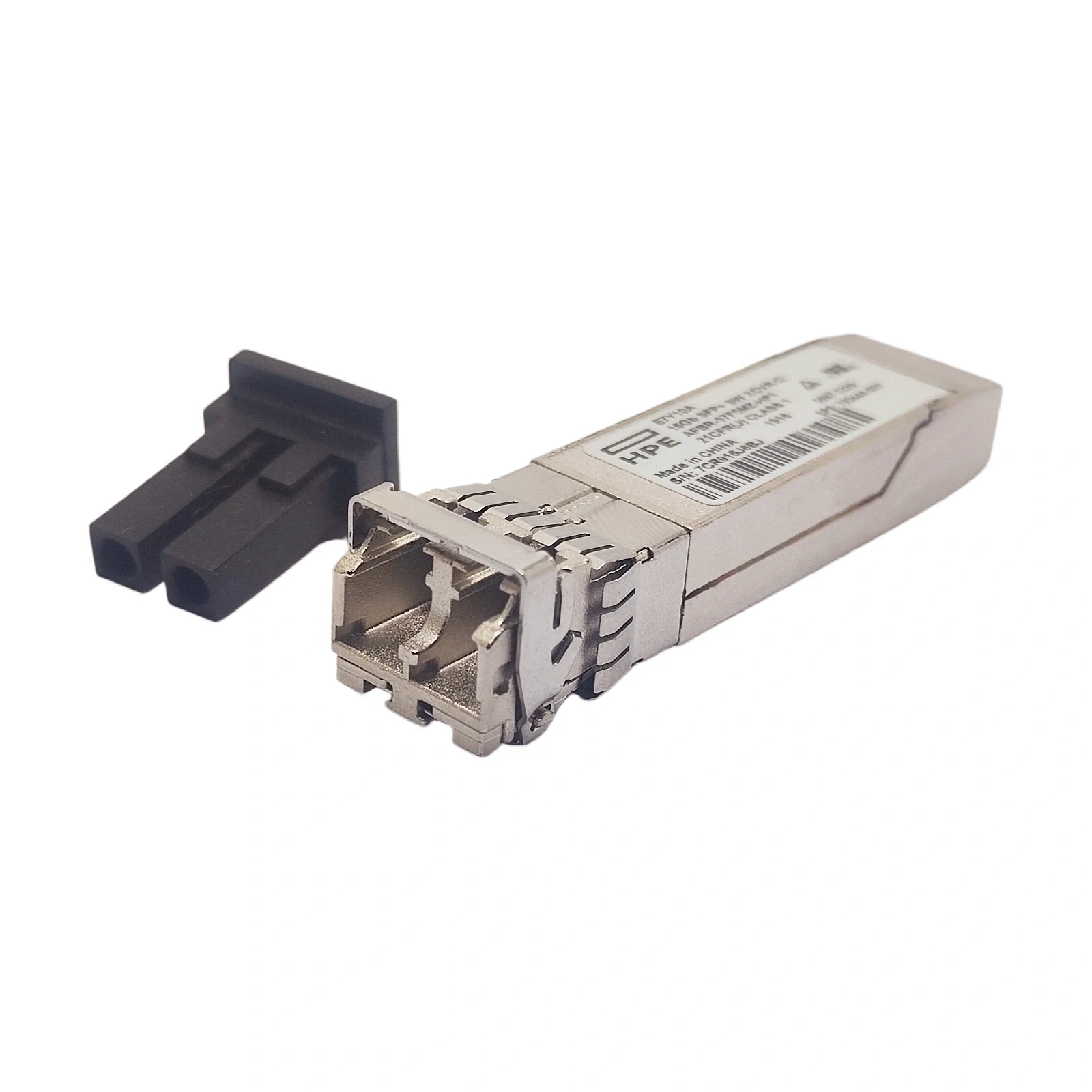 HPE E7Y10A 16Gb SFP+ SW Transceiver Duplex LC Connector Close-up with Dust Cap