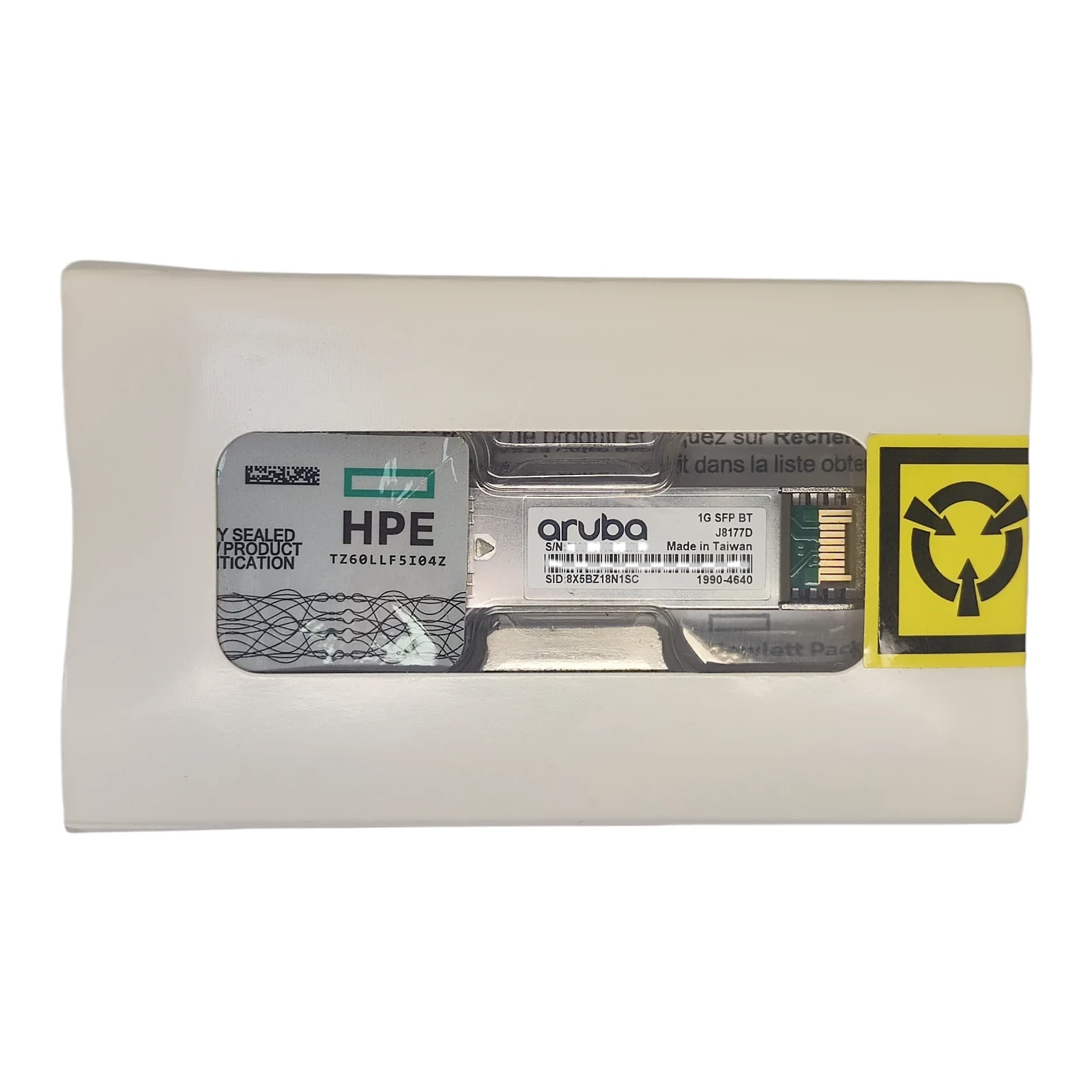 HPE Aruba J8177D 1G RJ45 SFP Transceiver in Retail Packaging Side View