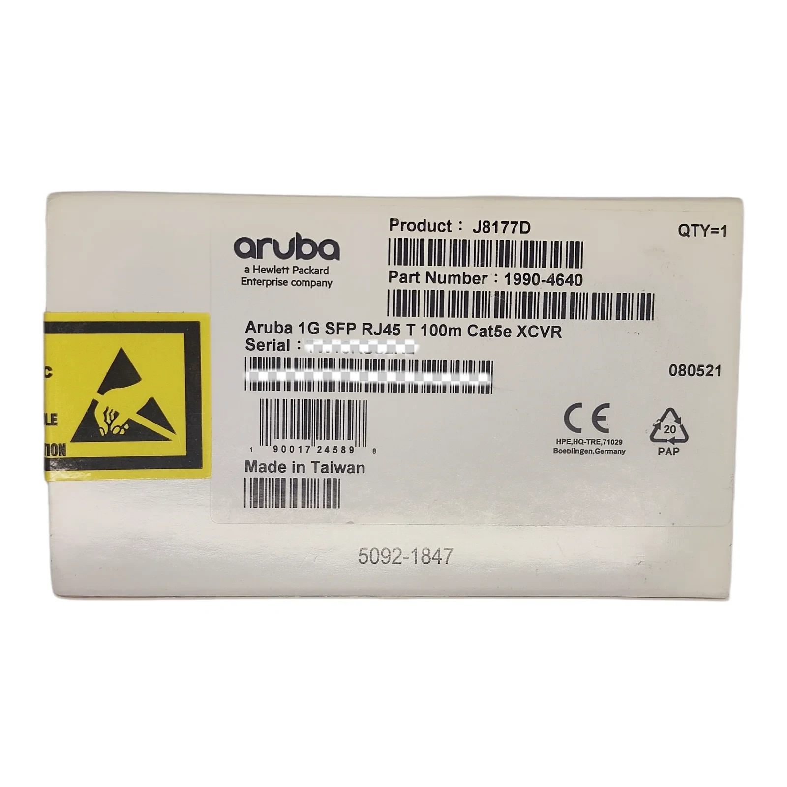 HPE Aruba J8177D 1G SFP Transceiver Retail Box Label with Full Specifications