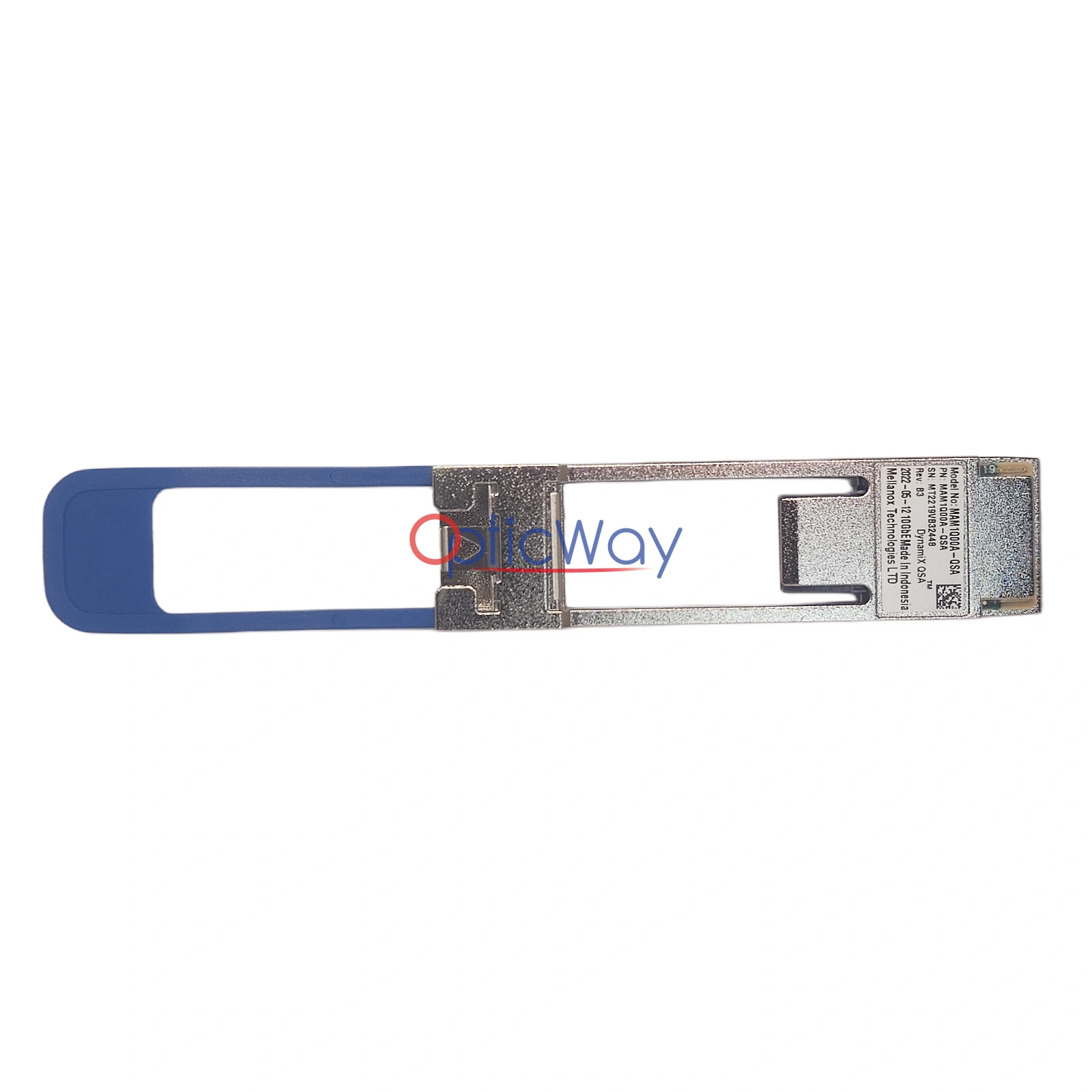 Mellanox MAM1Q00A-QSA 40G to 10G Adapter Front View with Blue Pull Tab