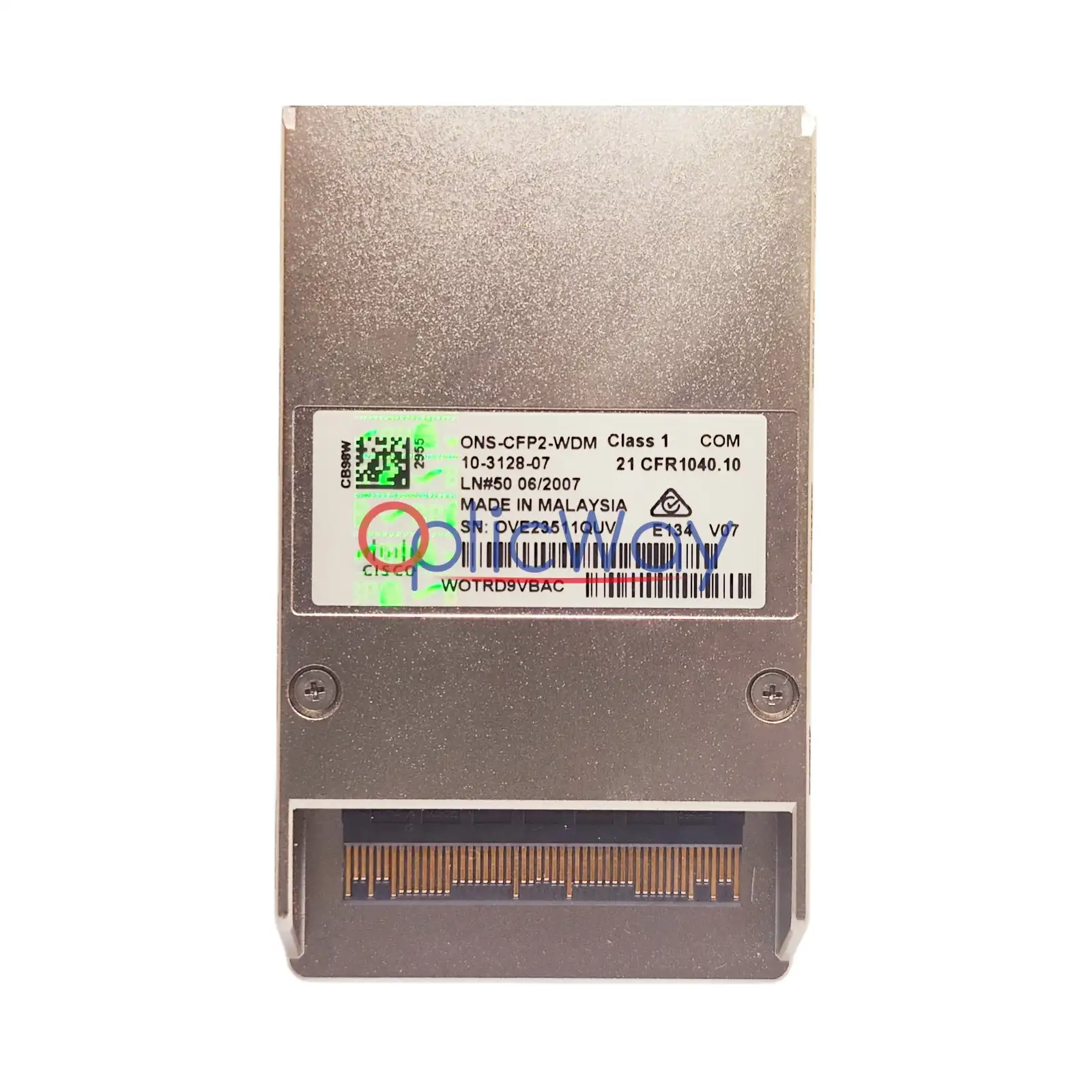 Cisco ONS-CFP2-WDM 10-3128-07 Coherent Transceiver Label and Gold Finger Close-up