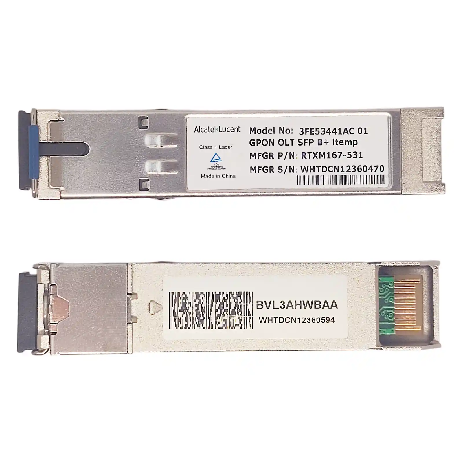 Alcatel-Lucent RTXM167-531 GPON OLT B+ SFP Transceiver Gold Finger Rear Side View Two Appearance