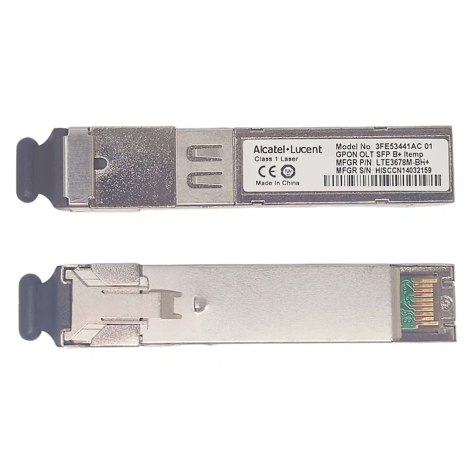 Genuine Alcatel-Lucent 3FE53441AC 01 GPON OLT SFP B+ Industrial Temp Transceiver Two Style Full Front Label View