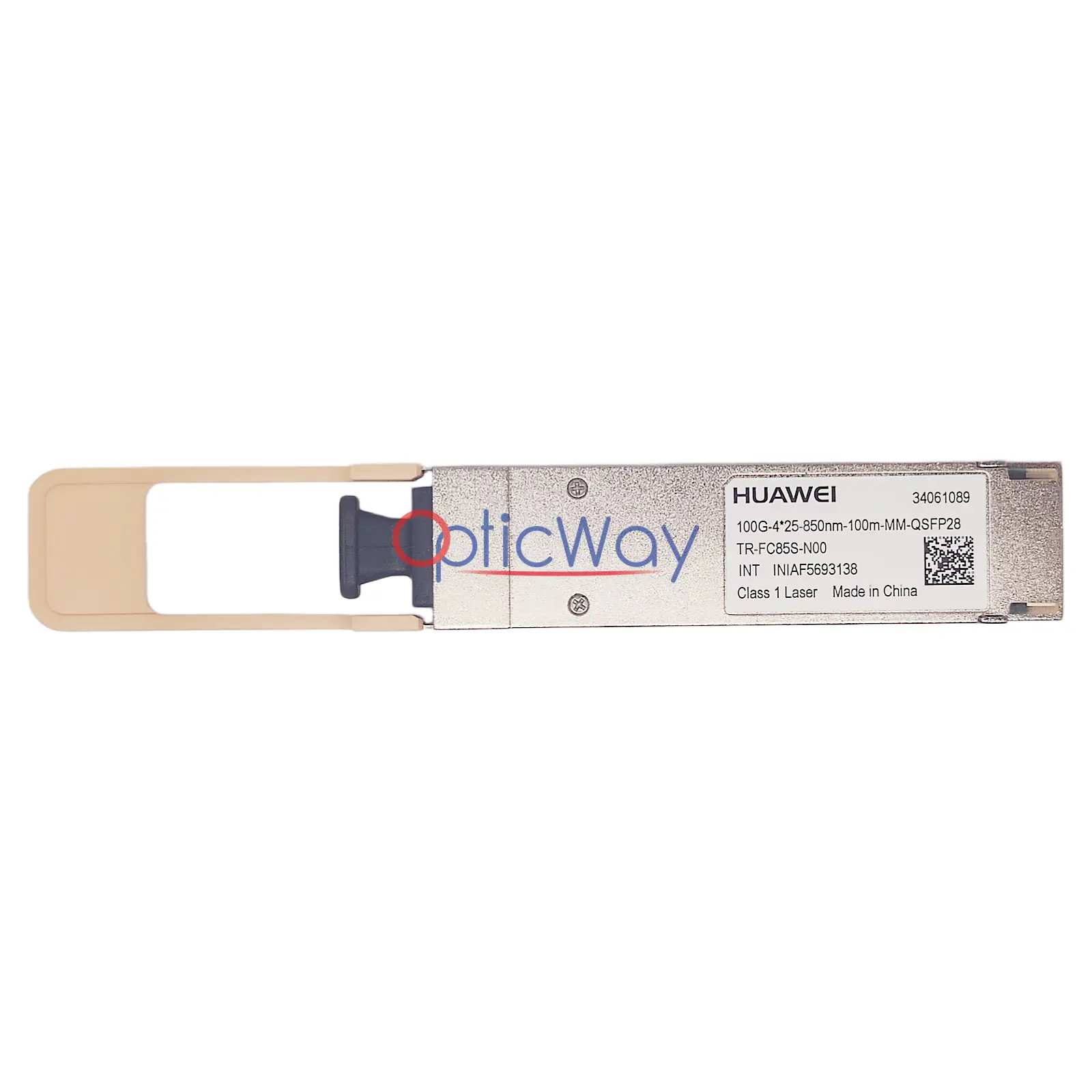 Genuine Huawei 34061089 TR-FC85S-N00 QSFP28 100GBASE-SR4 Transceiver Front Label & Gold Finger View