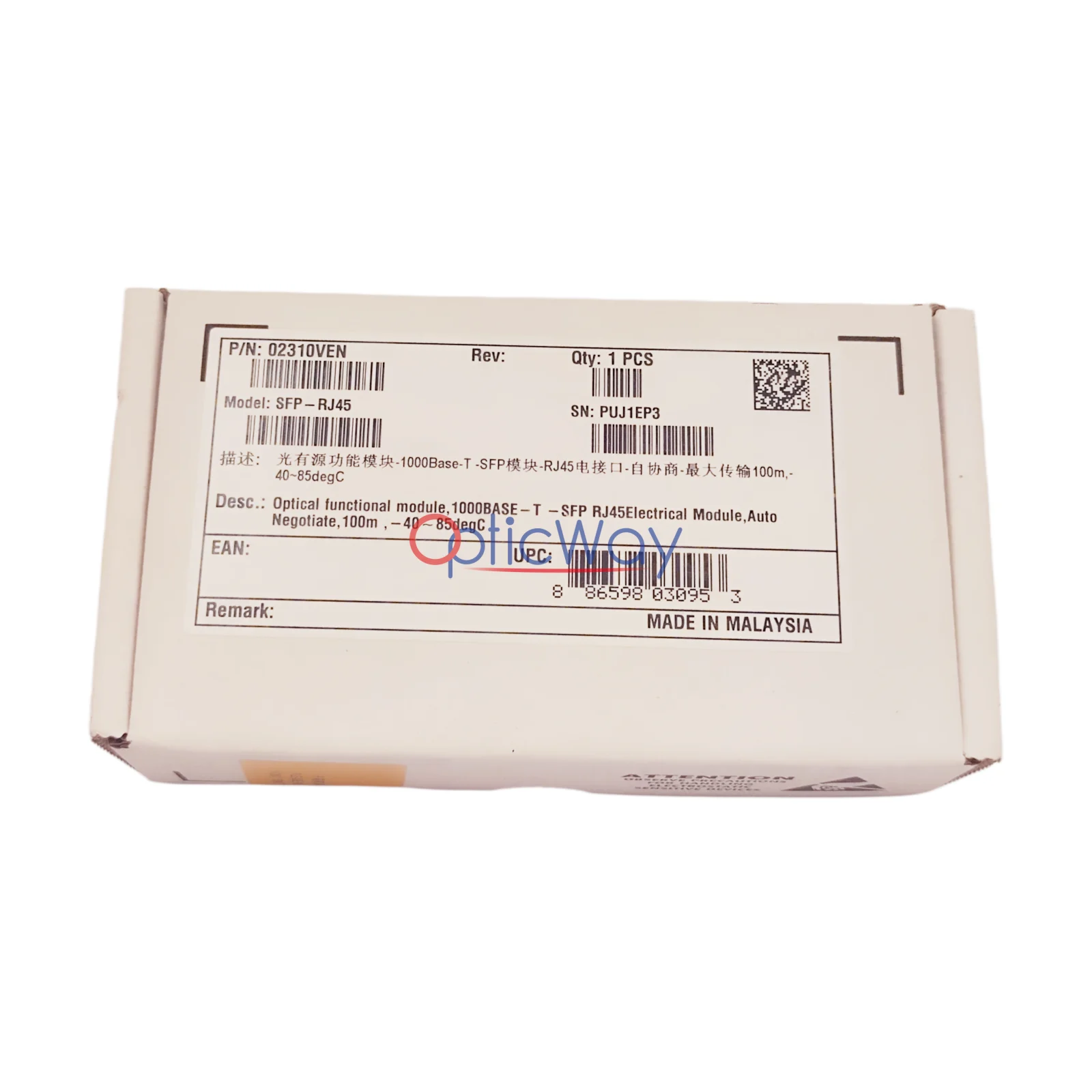 Genuine Huawei 02310VEN SFP-RJ45 1000BASE-T Copper Transceiver Full Retail Box Label View
