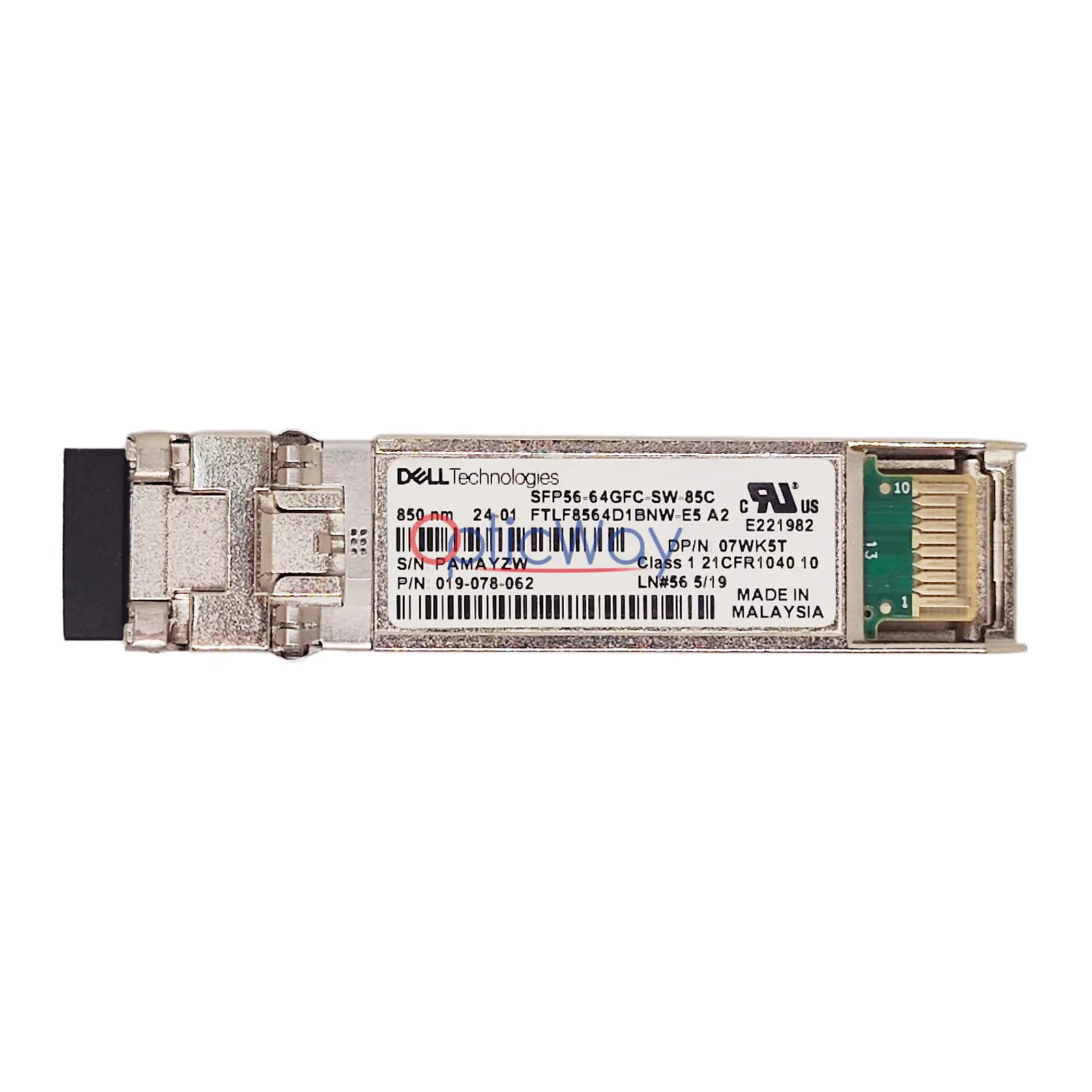 Genuine Dell SFP56-64GFC-SW-85C 07WK5T FTLF8564D1BNW-E5 Front Label & Gold Finger View