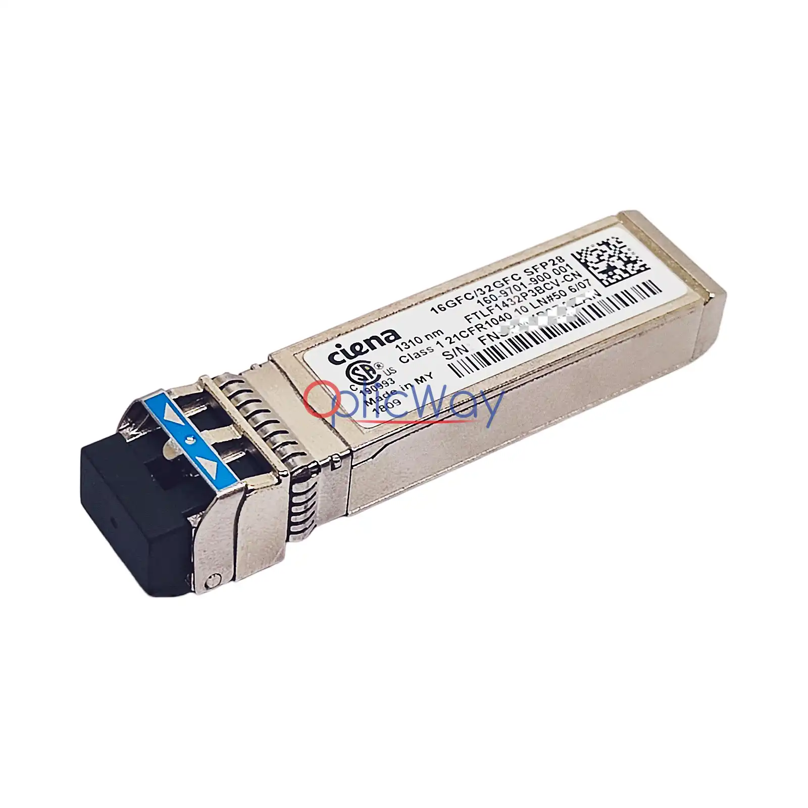 Ciena FTLF1432P3BCV-CN SFP28 10km Single Mode Side Front LC Port Body View
