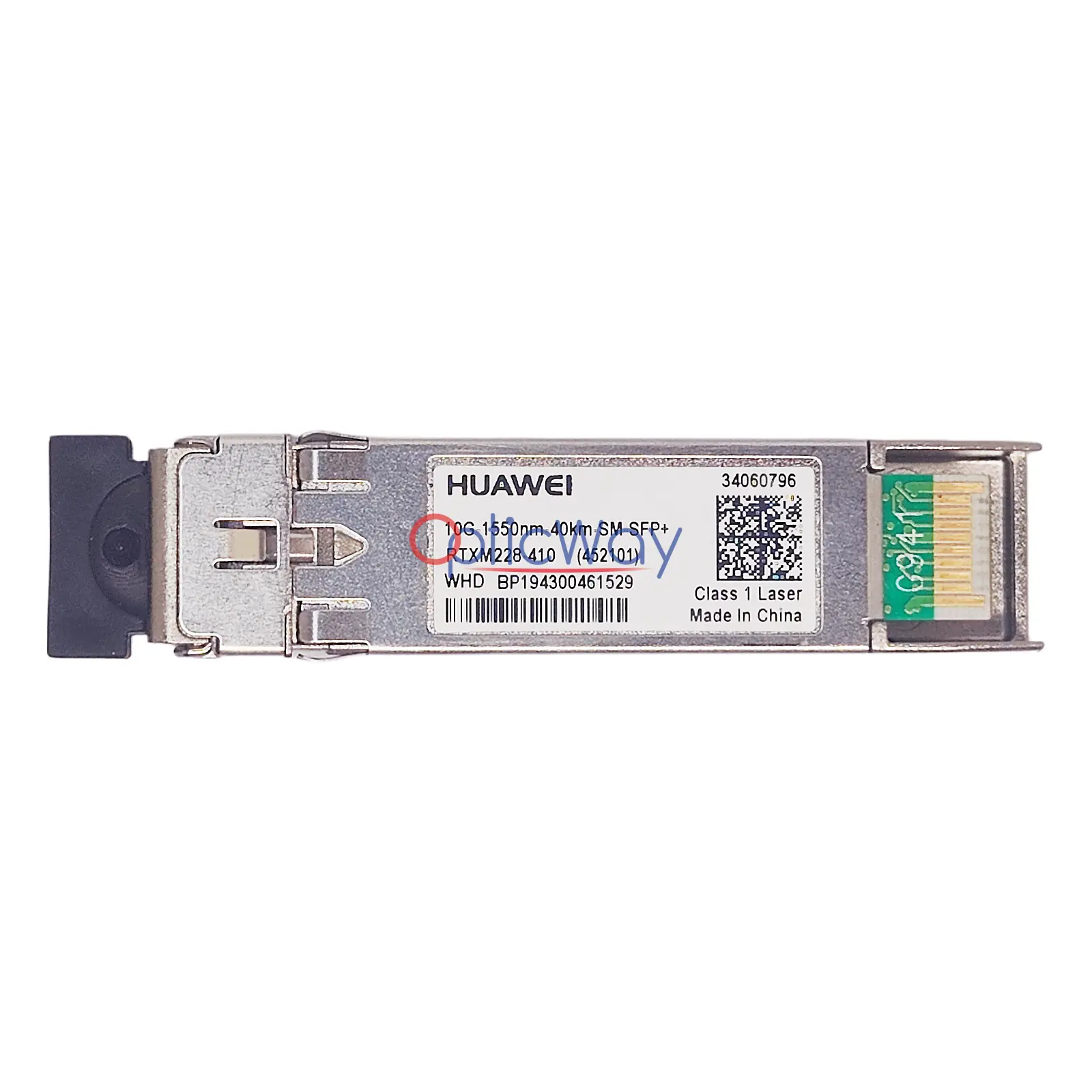 Genuine Huawei 34060796 RTXM228-410 10GBASE-ER SFP+ 1550nm 40km SMF Front Label & Gold Finger Full View