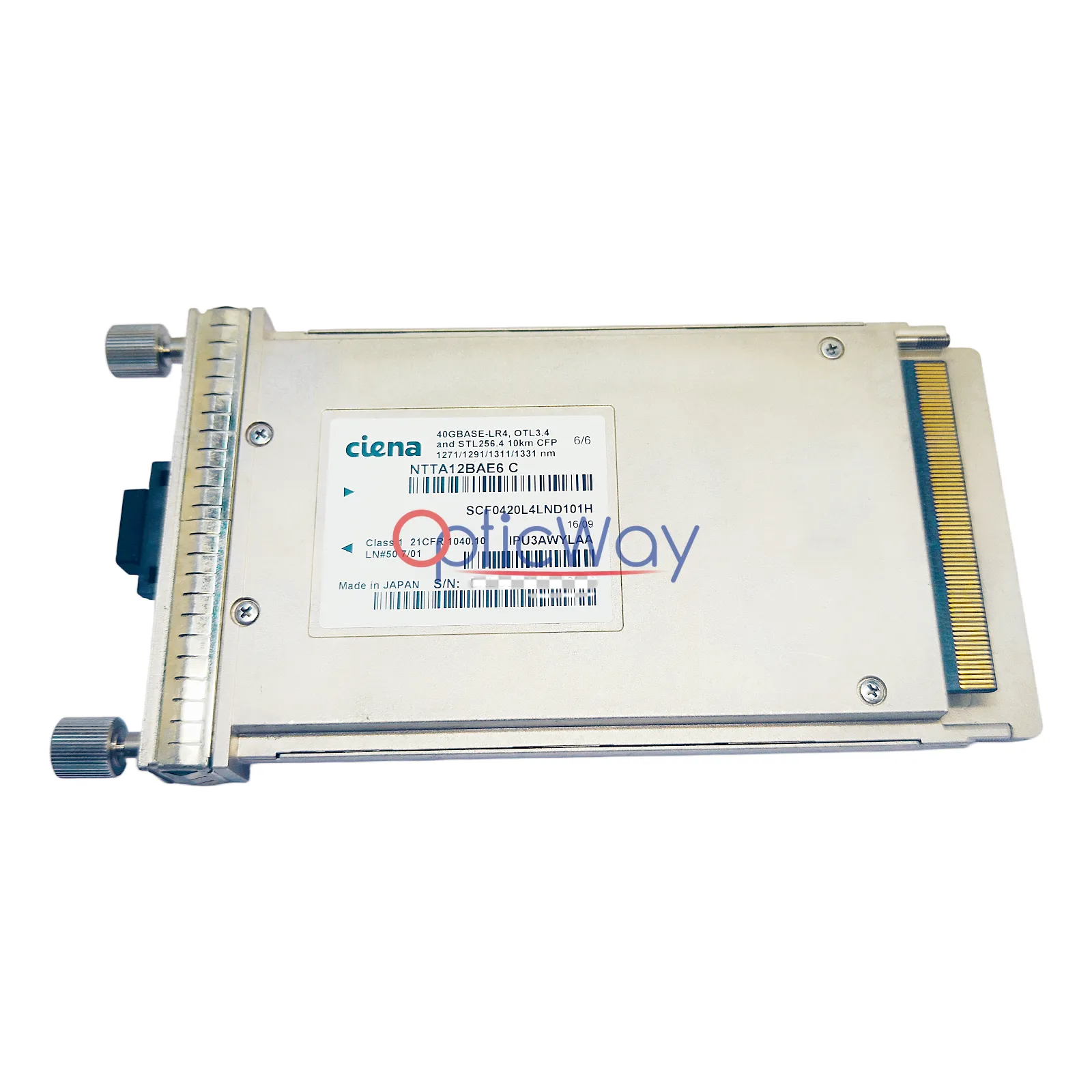 Genuine Ciena NTTA12BAE6 40GBASE-LR4 OTL3.4 STL256.4 CFP 10km SMF Front Label & Gold Finger Full View