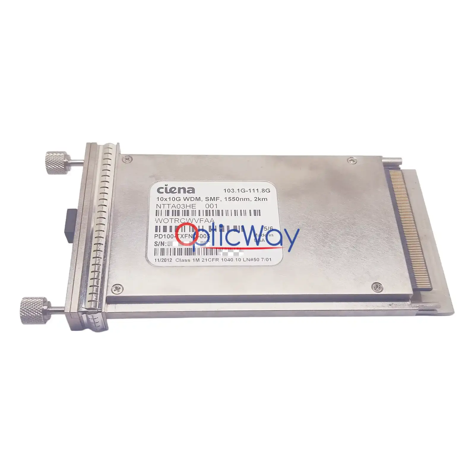 Ciena NTTA03HE PD100-TXFND-005 WOTRCWVFAA 100G 10x10G WDM 1550nm 2km SMF CFP Front Label & Full Gold Finger Overall View