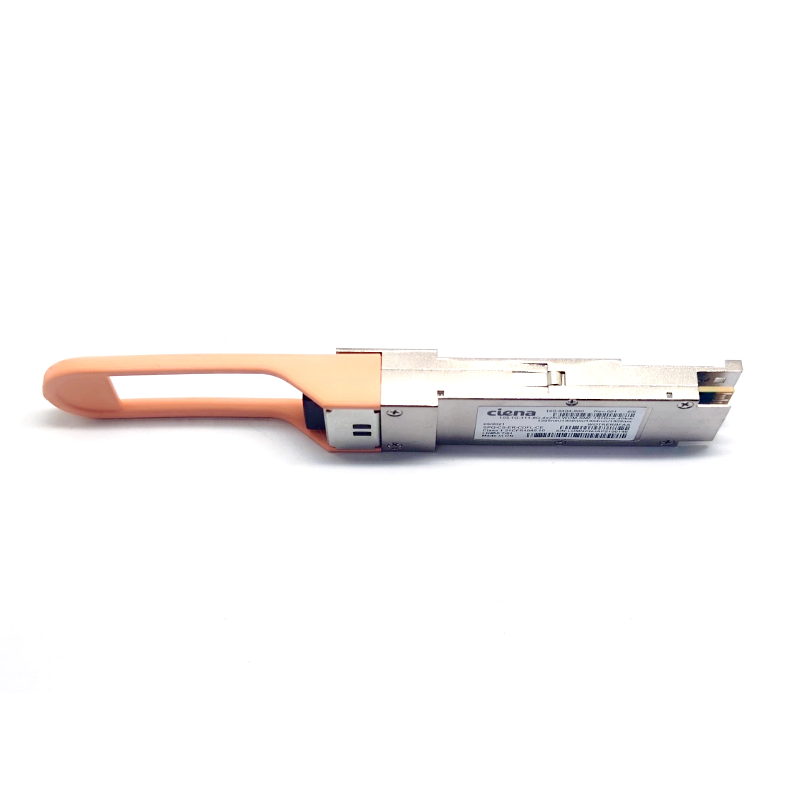 Ciena 160-9404-900 100G-ER4 QSFP28 Transceiver Side View with Orange Pull Tab