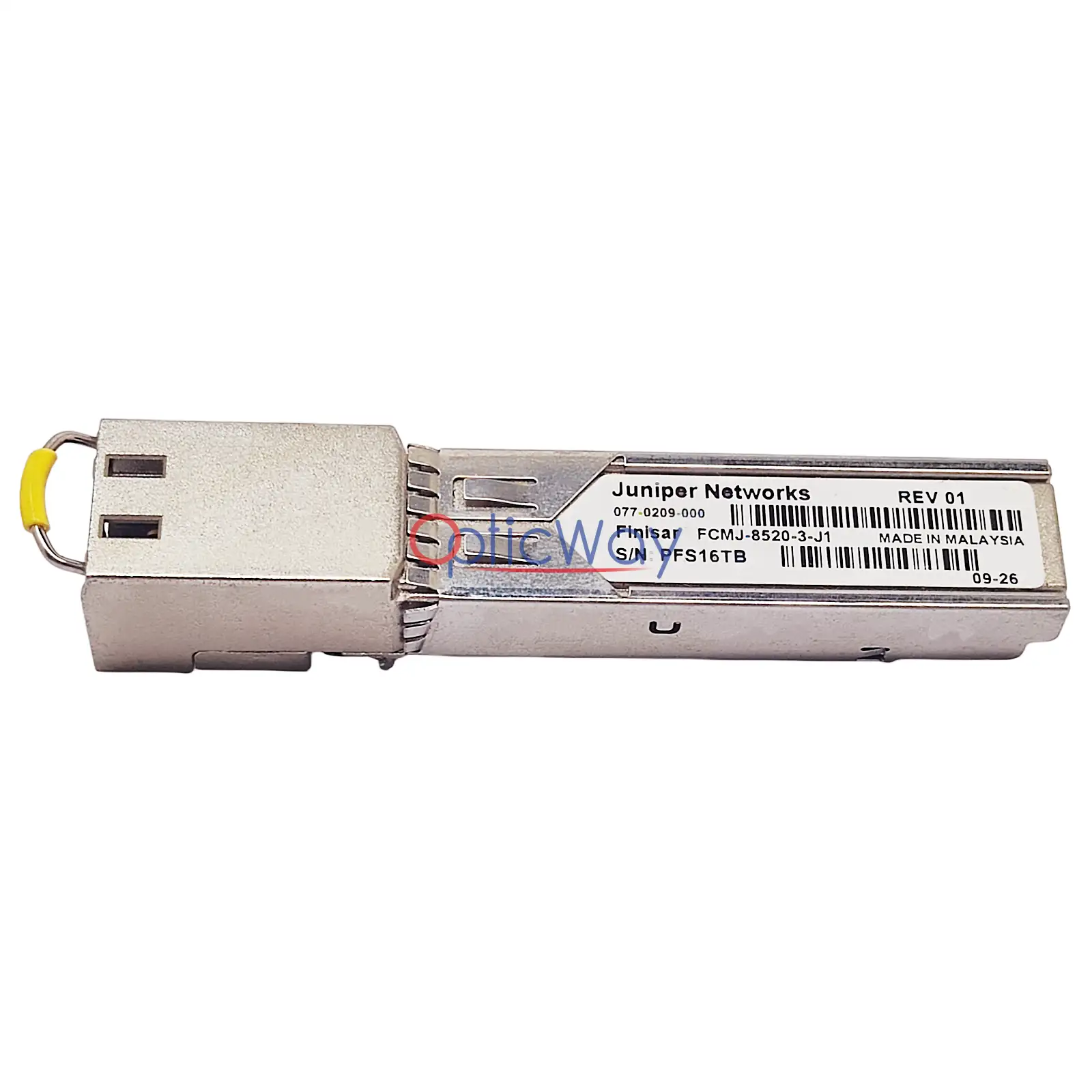 Genuine Juniper 077-0209-000 Finisar FCMJ-8520-3-J1 SFP 1000BASE-T Copper RJ-45 Front Full Label Main View