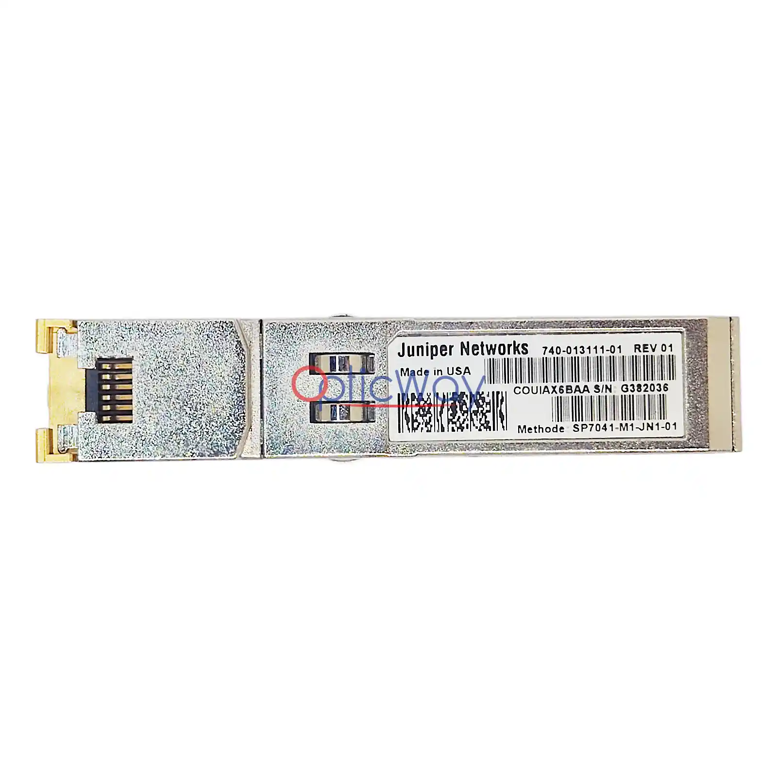 Genuine Juniper Networks 740-013111-01 SP7041-M1-JN1-01 SFP 1000BASE-T 100m RJ45 Copper Transceiver Front Full Label Main View