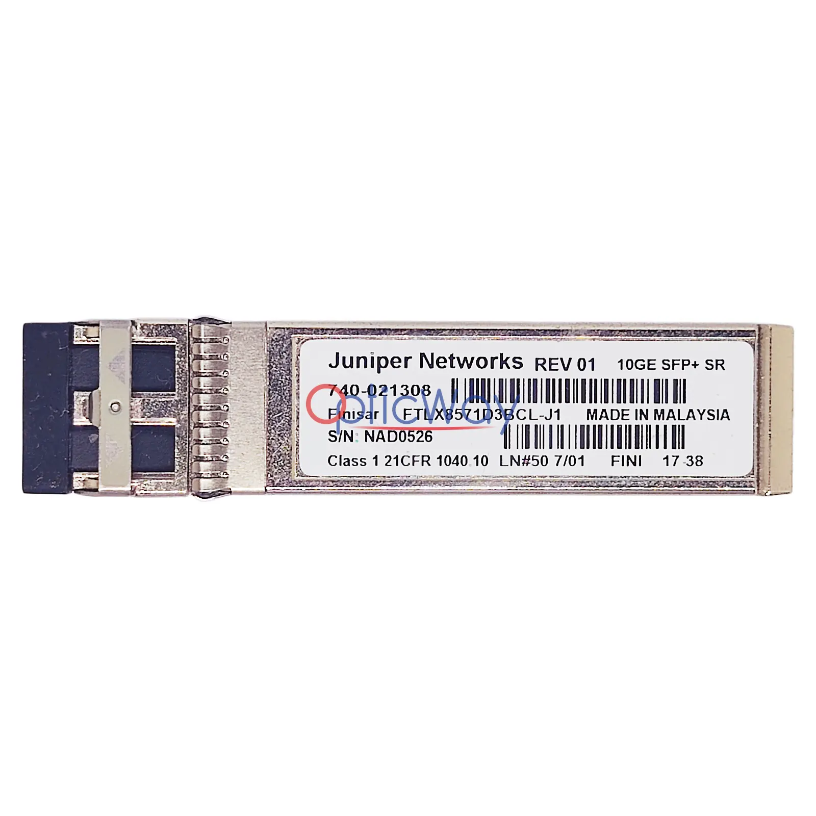 Juniper 740-021308 SFP+ 10GBASE-SR Transceiver FTLX8571D3BCL-J1, front side with label, duplex LC port