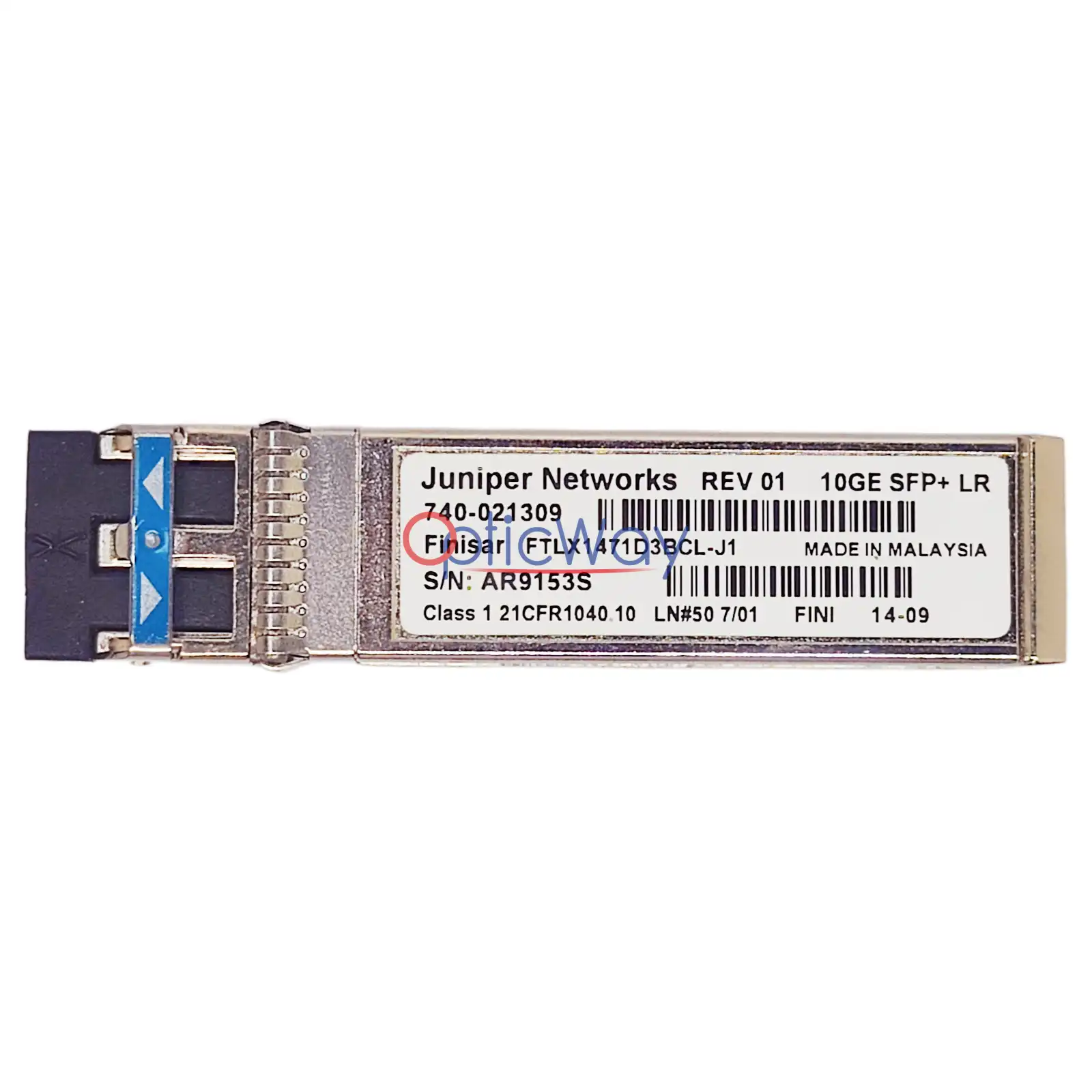 Juniper 740-021309 SFP+ 10GBASE-LR Transceiver FTLX1471D3BCL-J1, front side with label, duplex LC port