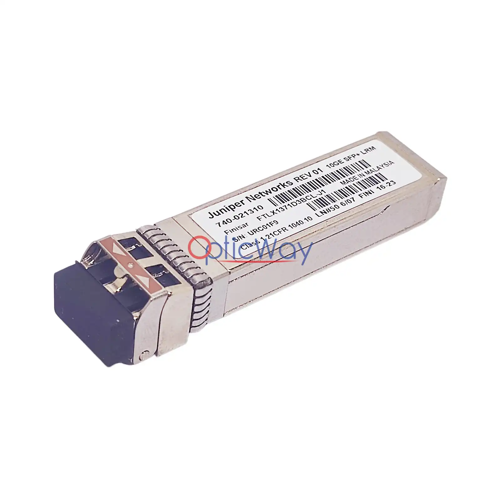 Juniper 740‑021310 FTLX1371D3BCL‑J1 SFP+ 10GBASE‑LRM optical transceiver side‑front angle view